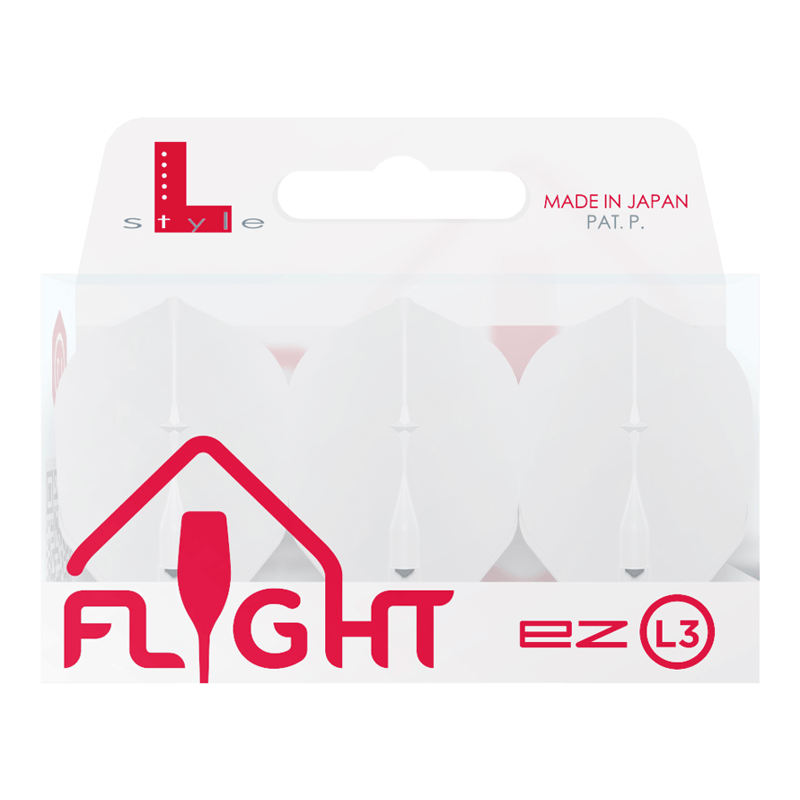 L-L-Style3EZ Flights Auf dem Bild ist eine Verpackung von L-Style Flights für Darts zu sehen. Die Verpackung ist weiß und enthält drei Flights des Typs EZ L3, hergestellt in Japan.