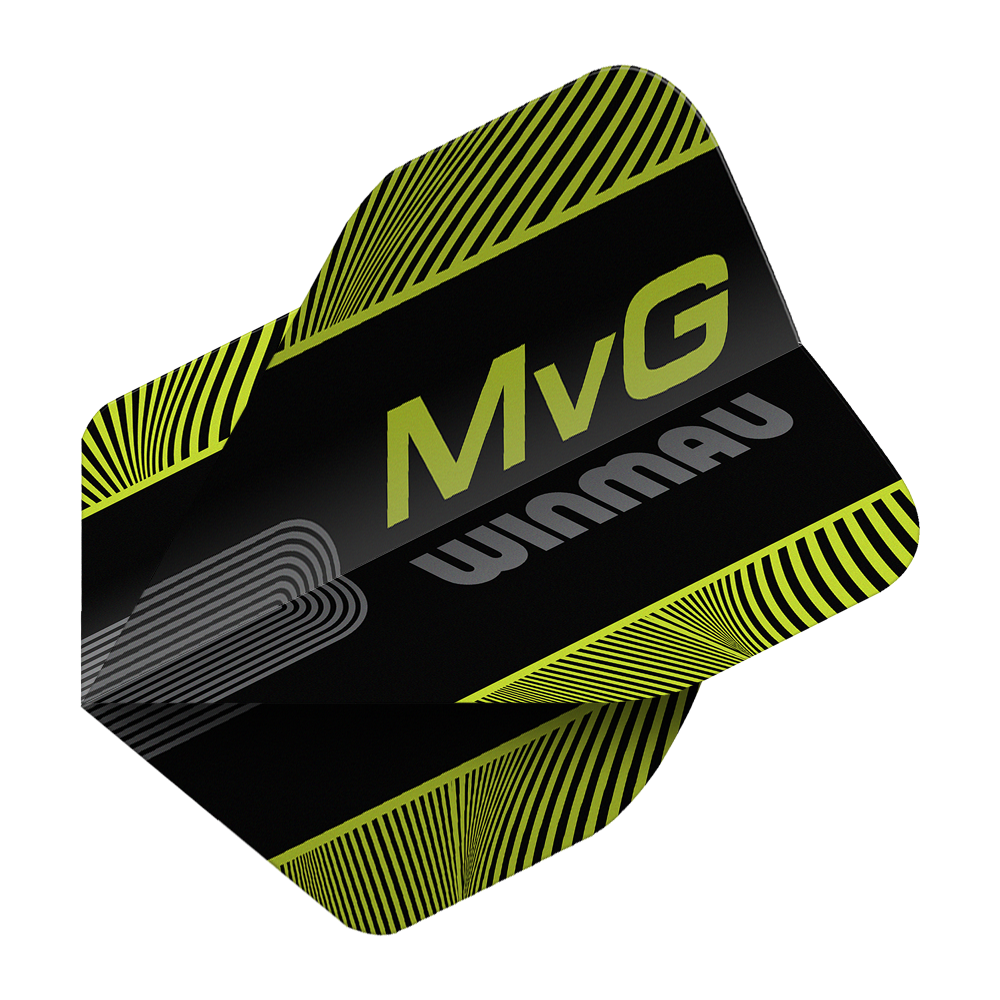 Abgebildet sind die Winmau Prism Delta MvG Black Green Text No2 Standard Flights. Diese Dart-Flights haben ein schwarzes und grünes Farbmuster mit Schriftzug.