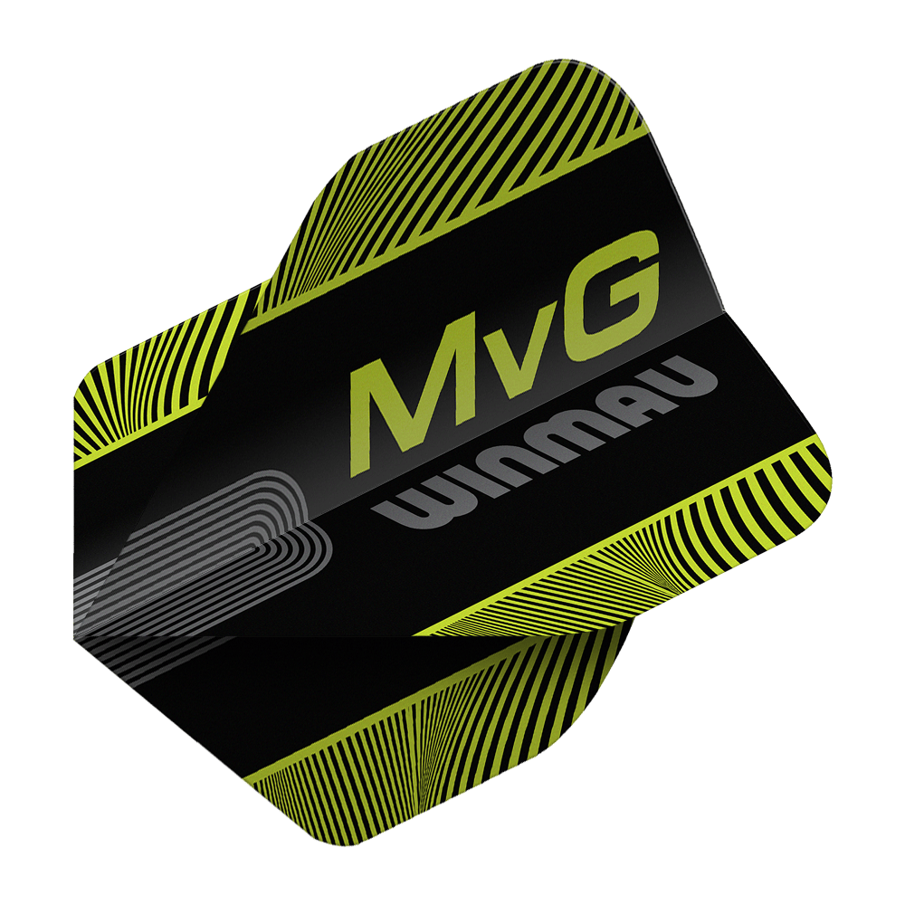Winmau Prism Delta MvG Black Green Text No2 Standard Flights Abgebildet sind die Winmau Prism Delta MvG Black Green Text No2 Standard Flights. Diese Dart-Flights haben ein schwarzes und grünes Farbmuster mit Schriftzug.