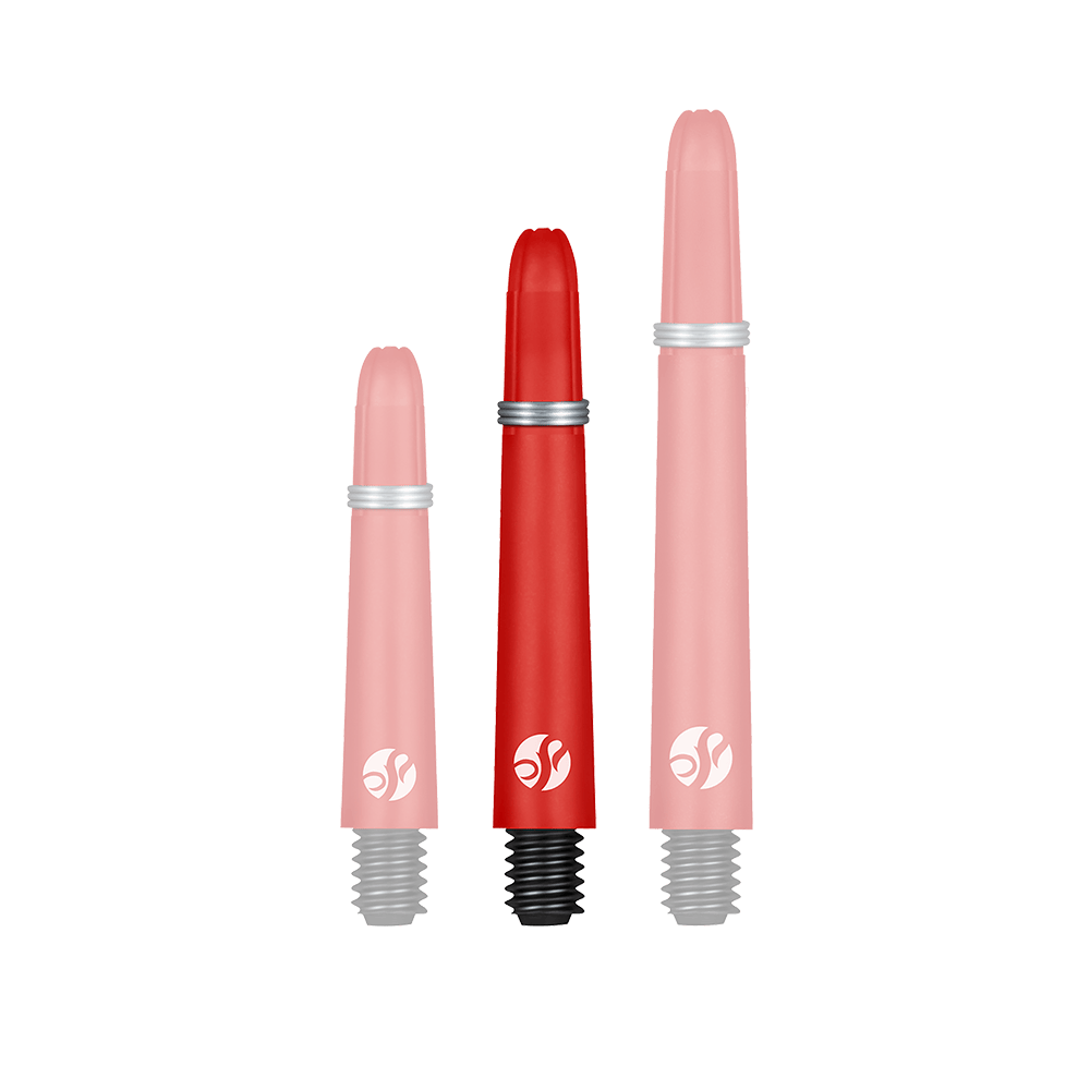 Shot Koi Carbon Shafts - Red Das Bild zeigt drei rote Dartschafts in unterschiedlichen Längen. Sie haben schwarze Gewinde und Silberringe zur Befestigung.