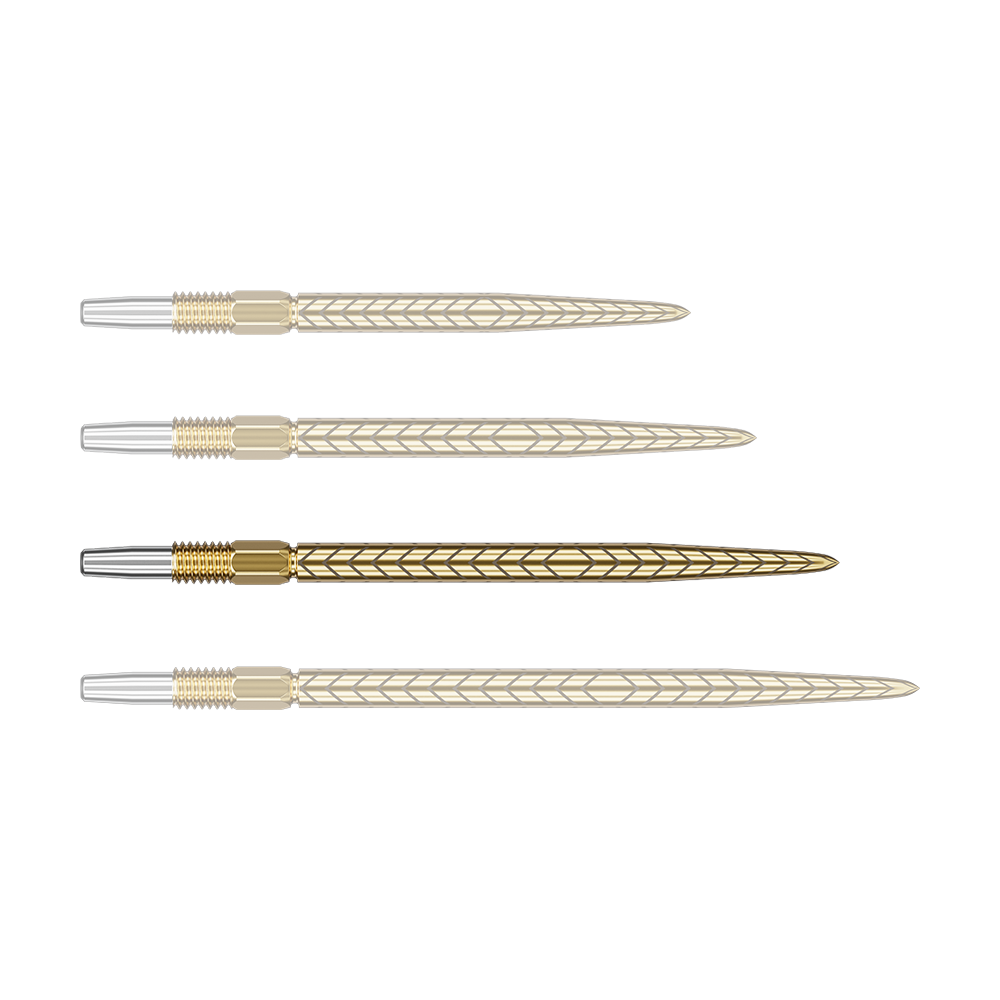 Target Swiss Point RVE dart tips - Gold Auf dem Bild sind vier goldene Dartspitzen mit einem Muster zu sehen. Sie liegen parallel nebeneinander auf einem grünen Hintergrund.