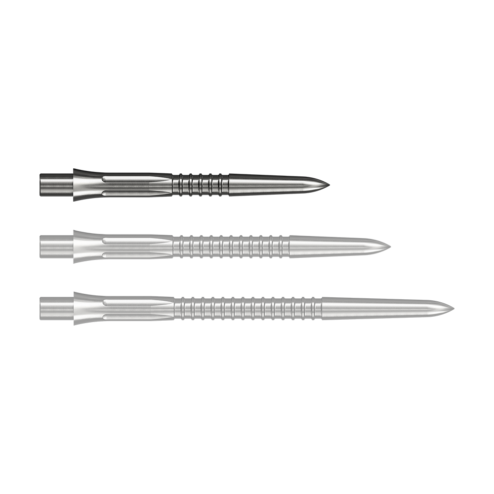 Mission Caliburn EVO dart tips GV1 - silver Das Bild zeigt Steeldartspitzen in Silber mit einer Länge von 26 mm. Einzelne Spitzen sind gut erkennbar dargestellt.