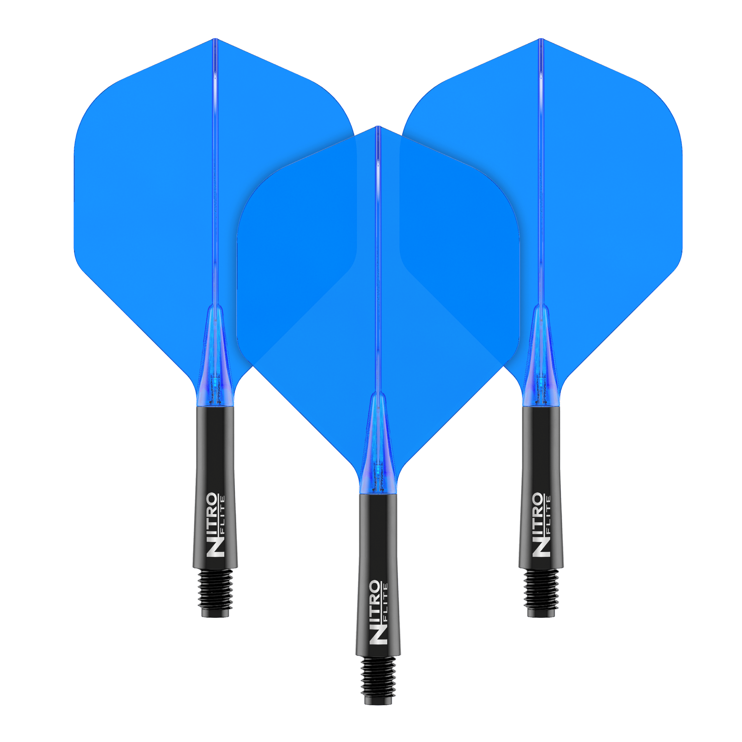 Red Dragon Nitroflite - Black Shaft Blue No2 Flights Das Bild zeigt drei blaue Dart-Flights mit schwarzen Schäften. Auf den Schäften steht der Schriftzug "Nitro Flite".