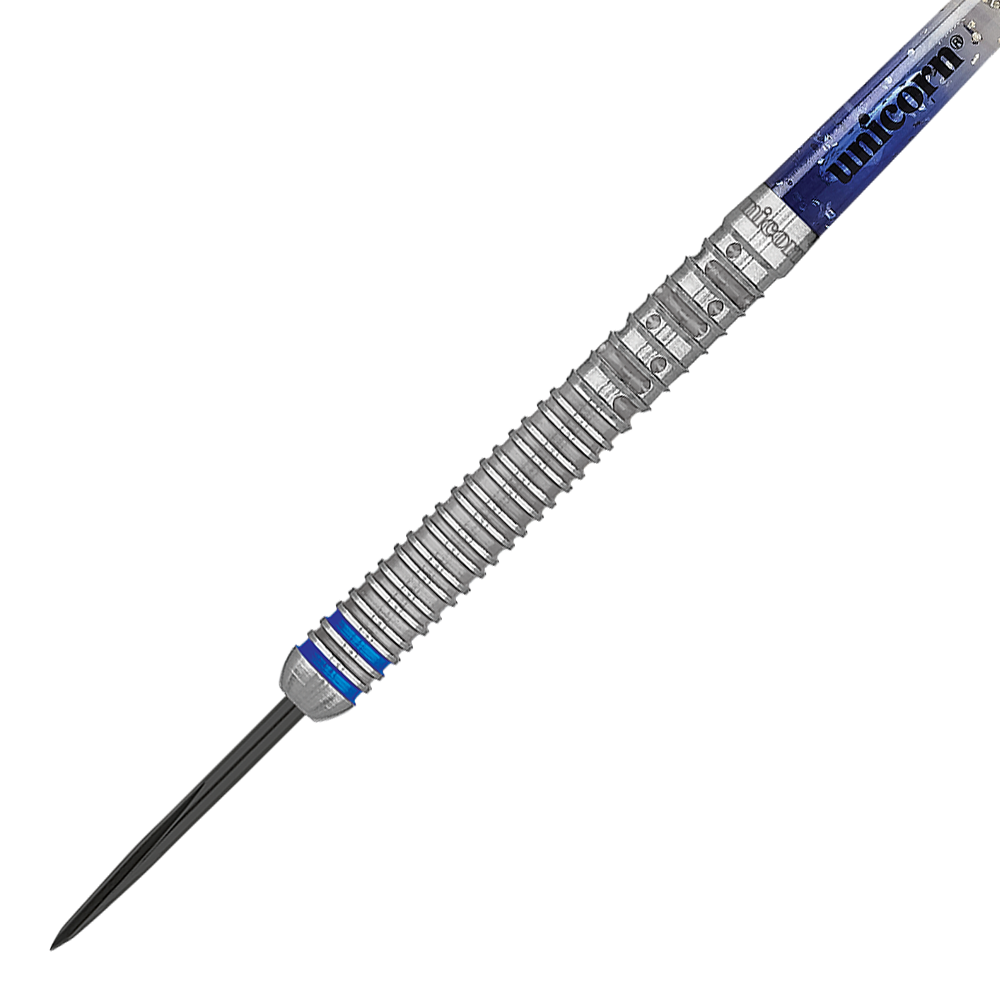 29020_Unicorn_W_C_Gary_Anderson_Phase_5_Steeldarts2 Das Bild zeigt einen steeldart mit silbernem, gerilltem Griff und einer blauen Verzierung. Auf dem oberen Teil des Darts steht der Markenname "Unicorn".