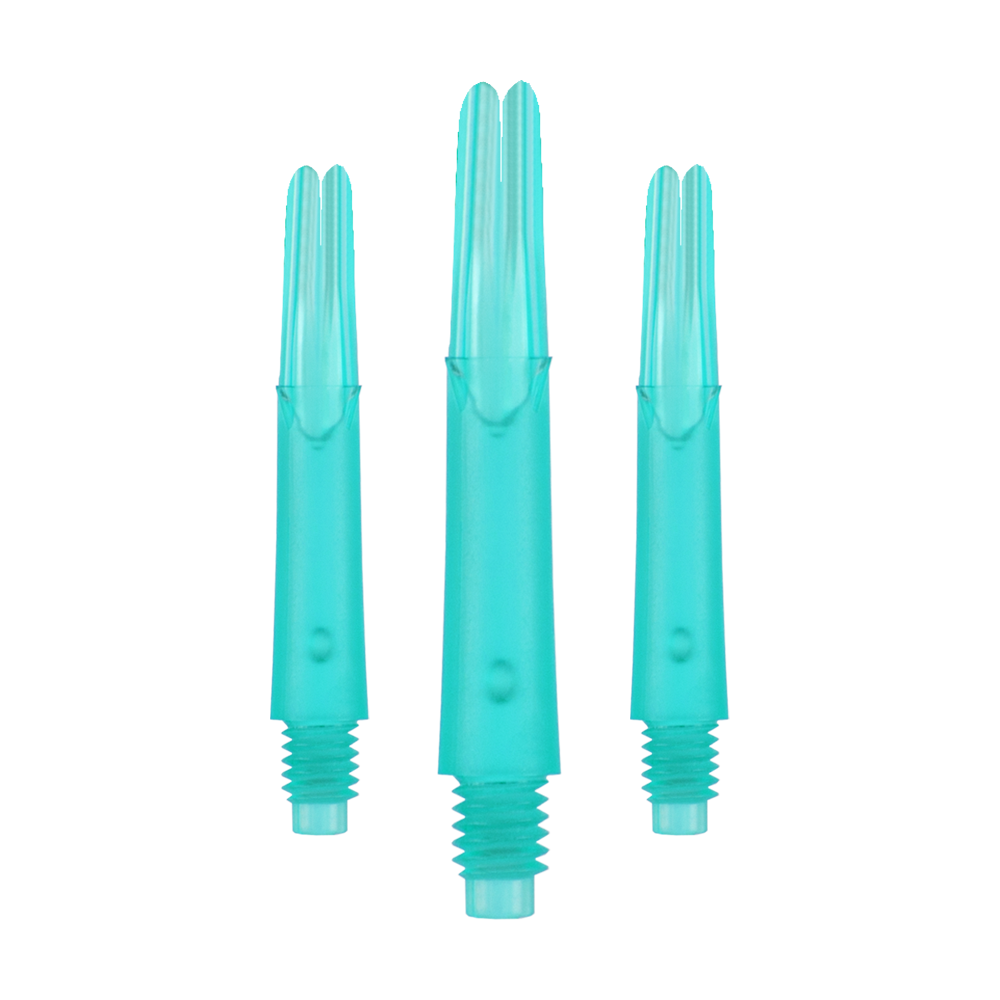 L-L-Style-Shafts Locked Straight - Emerald Das Bild zeigt drei türkisfarbene Dartshafts aus Kunststoff in einer Reihe. Sie haben ein gerades Design und sind unten mit einem Gewinde versehen.