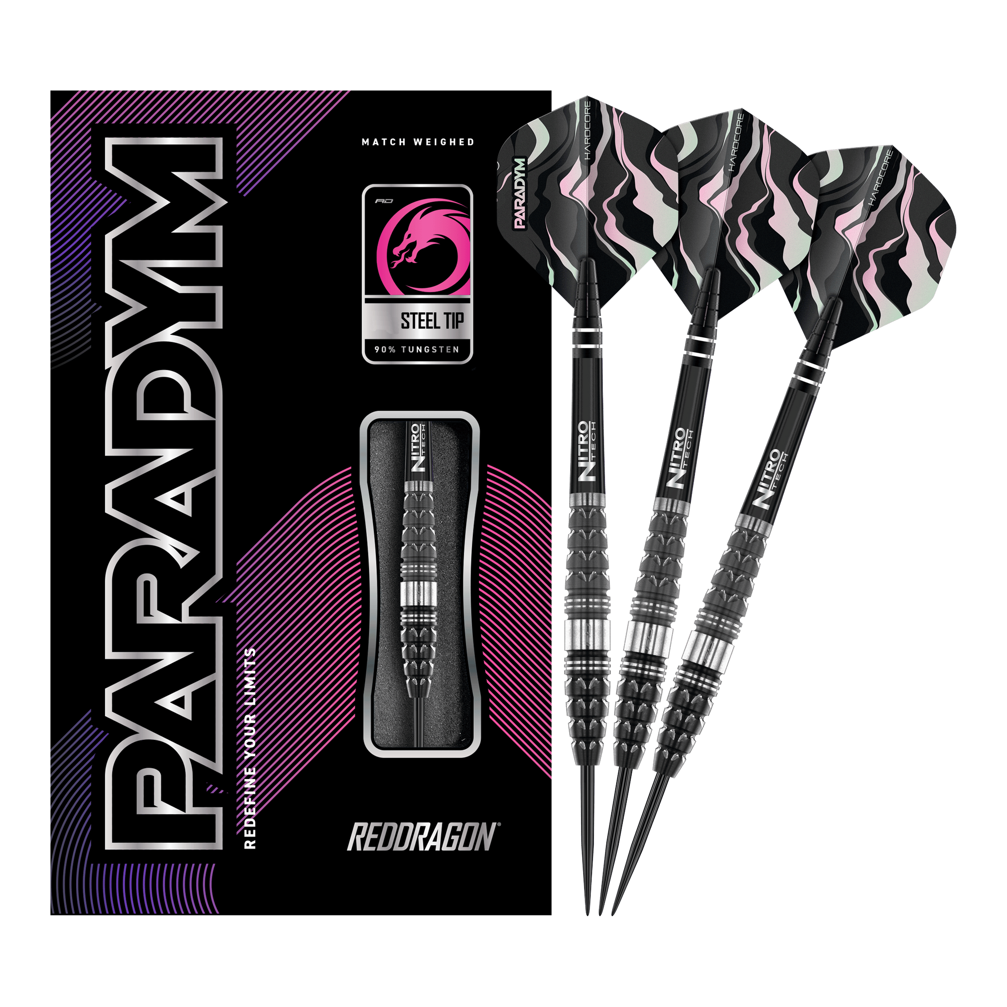 Red Dragon Paradym Torpedo Steel Darts Das Bild zeigt die Red Dragon Paradym Torpedo Steeldarts zusammen mit ihrer Verpackung. Die Darts haben ein schwarz-silbernes Design und sind für Präzision und Langlebigkeit bekannt.