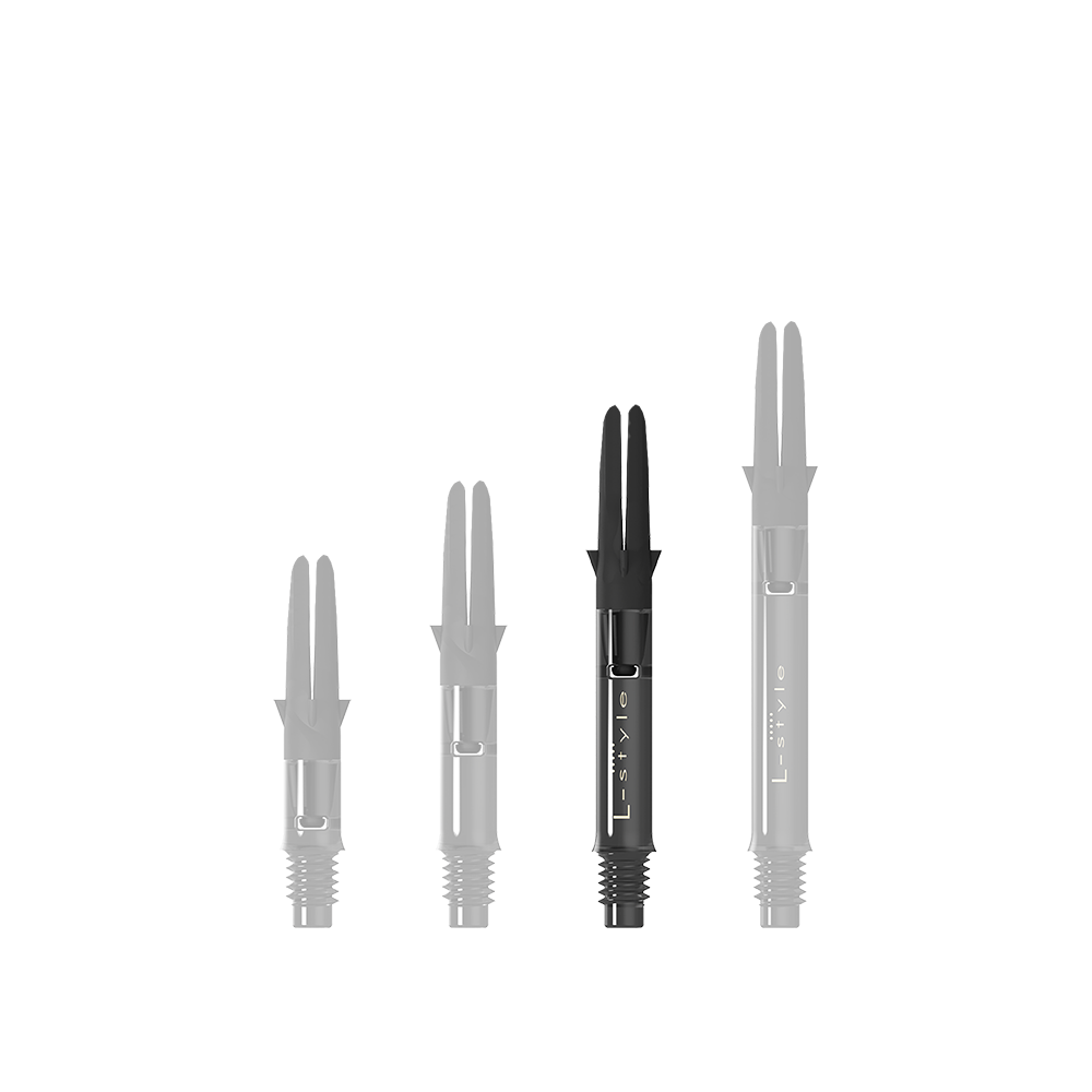 Auf dem Bild sind drei schwarze Carbon-Shafts für Dartpfeile in unterschiedlichen Längen zu sehen. Sie stehen nebeneinander aufrecht aufrecht und besitzen alle denselben Aufbau.