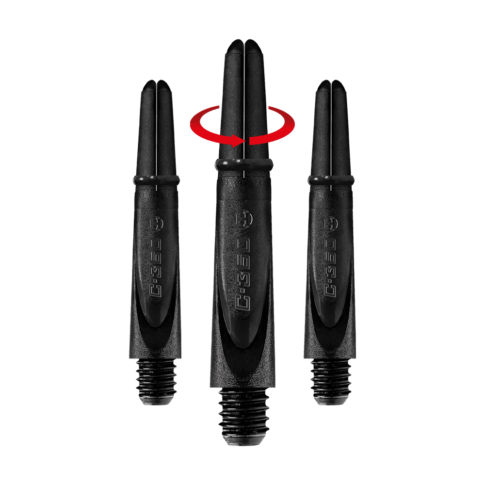 HR458_Harrows_Carbon_360_Shafts_Schwarz_35mm_1-_Symbol Das Bild zeigt drei schwarze Harrows Carbon 360 Shafts für Dartpfeile. Über dem mittleren Shaft ist ein roter Pfeil, der eine Drehbewegung anzeigt.