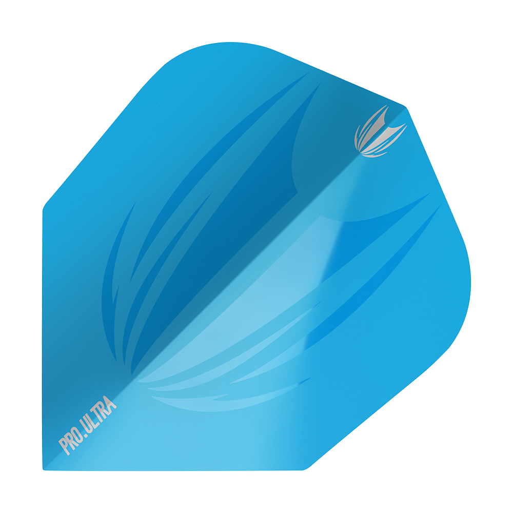 TG439_Target_ProUltra_ID_Lime_Blue_No6_Flights_1 Das Bild zeigt ein blaues Dart-Flügel-Produkt namens "Target ProUltra ID Lime Blue No6 Flights". Auf dem Flight sind stilisierte Grafiken und das Wort "PRO.ULTRA" zu sehen.