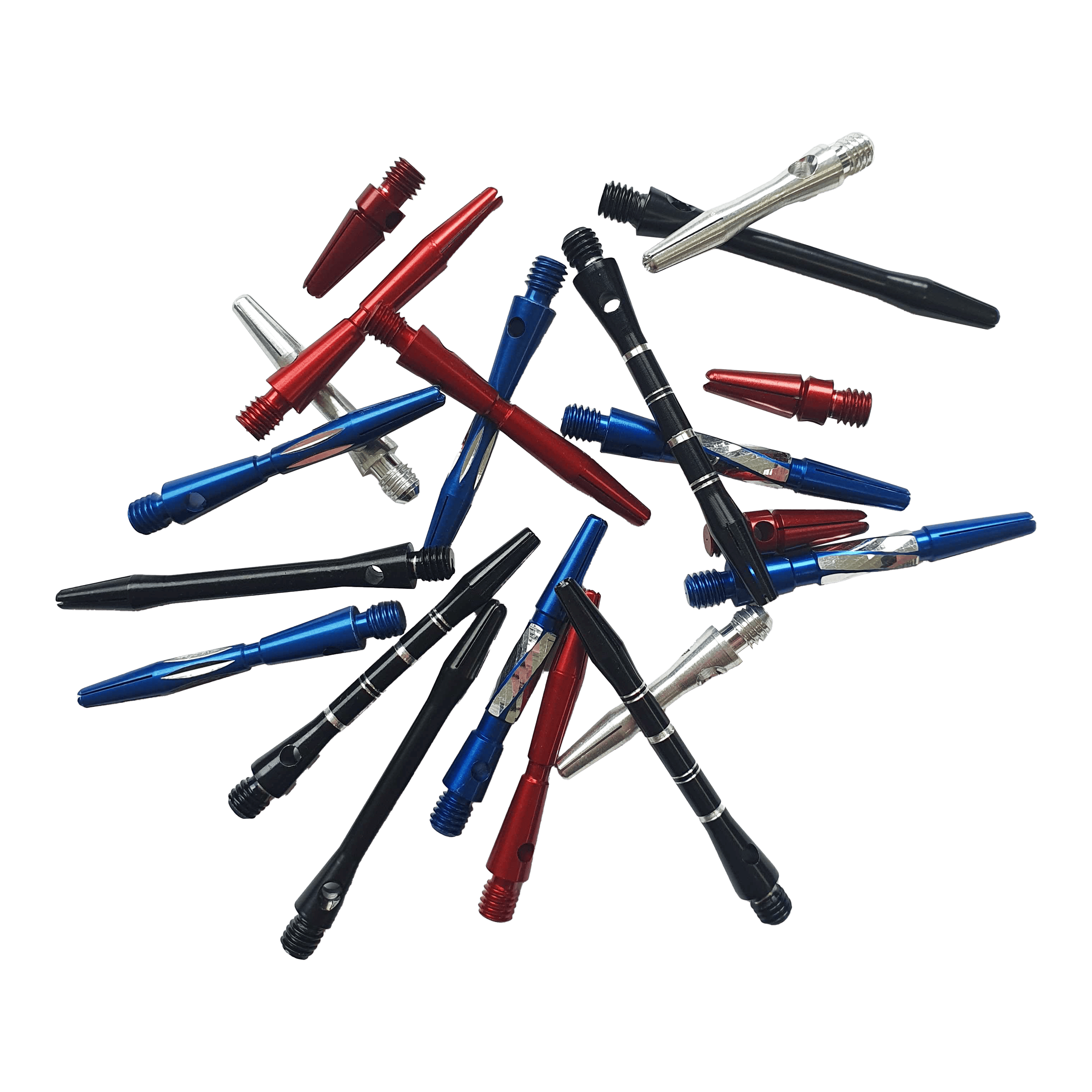 Alu-Shaft Surprise Set - 7 sets Das Bild zeigt eine Auswahl an bunten Aluminiumschäften für Dartpfeile. Die Schäfte sind in verschiedenen Farben wie Rot, Blau, Schwarz und Silber enthalten.