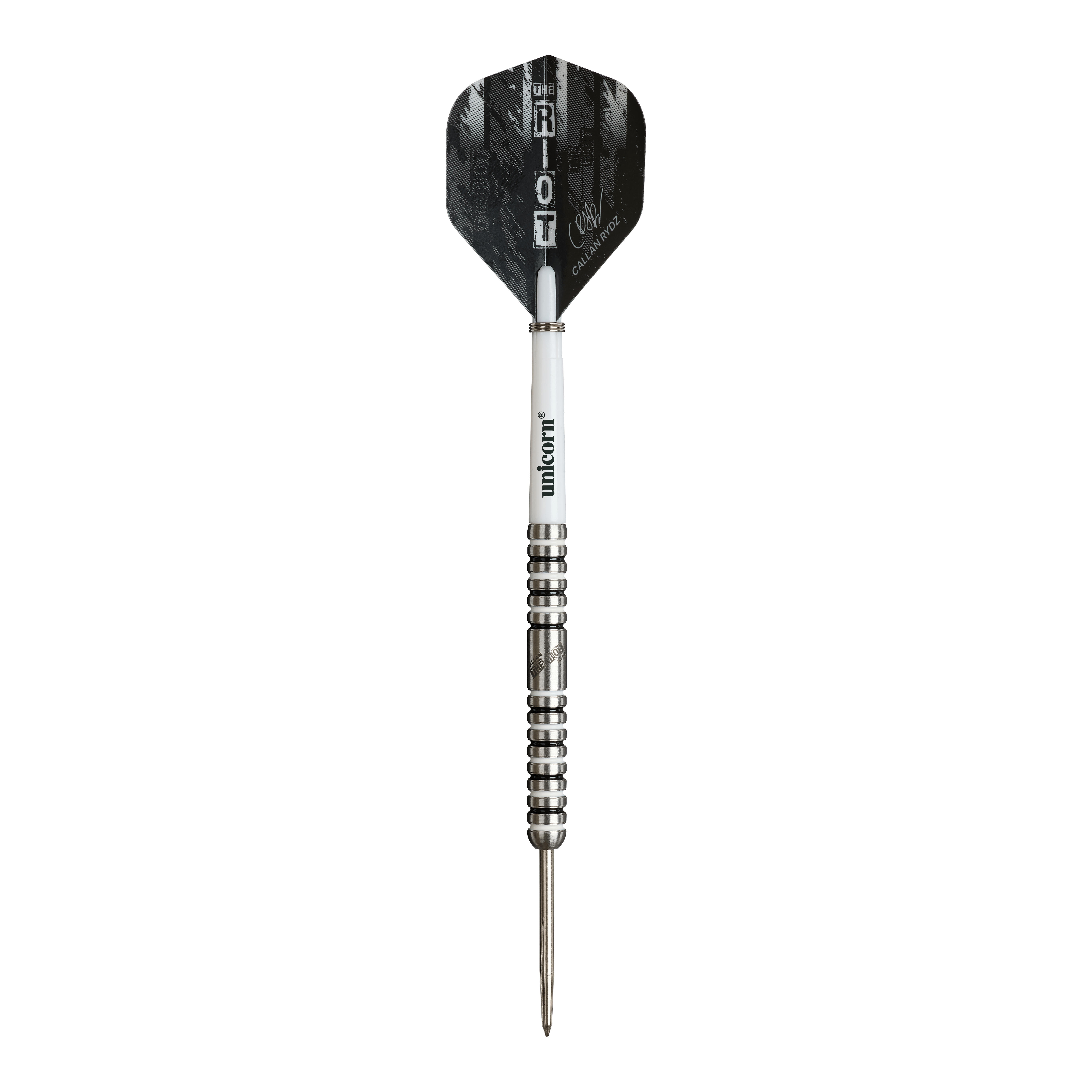 Unicorn Callan Rydz The Riot Phase 2 steel darts Auf dem Bild ist ein Steeldart der Marke Unicorn zu sehen, Modell "Callan Rydz The Riot Phase 2". Der Dart hat ein schwarzes Flight mit silbernen und weißen Akzenten sowie eine silberne, gerillte Spitze.