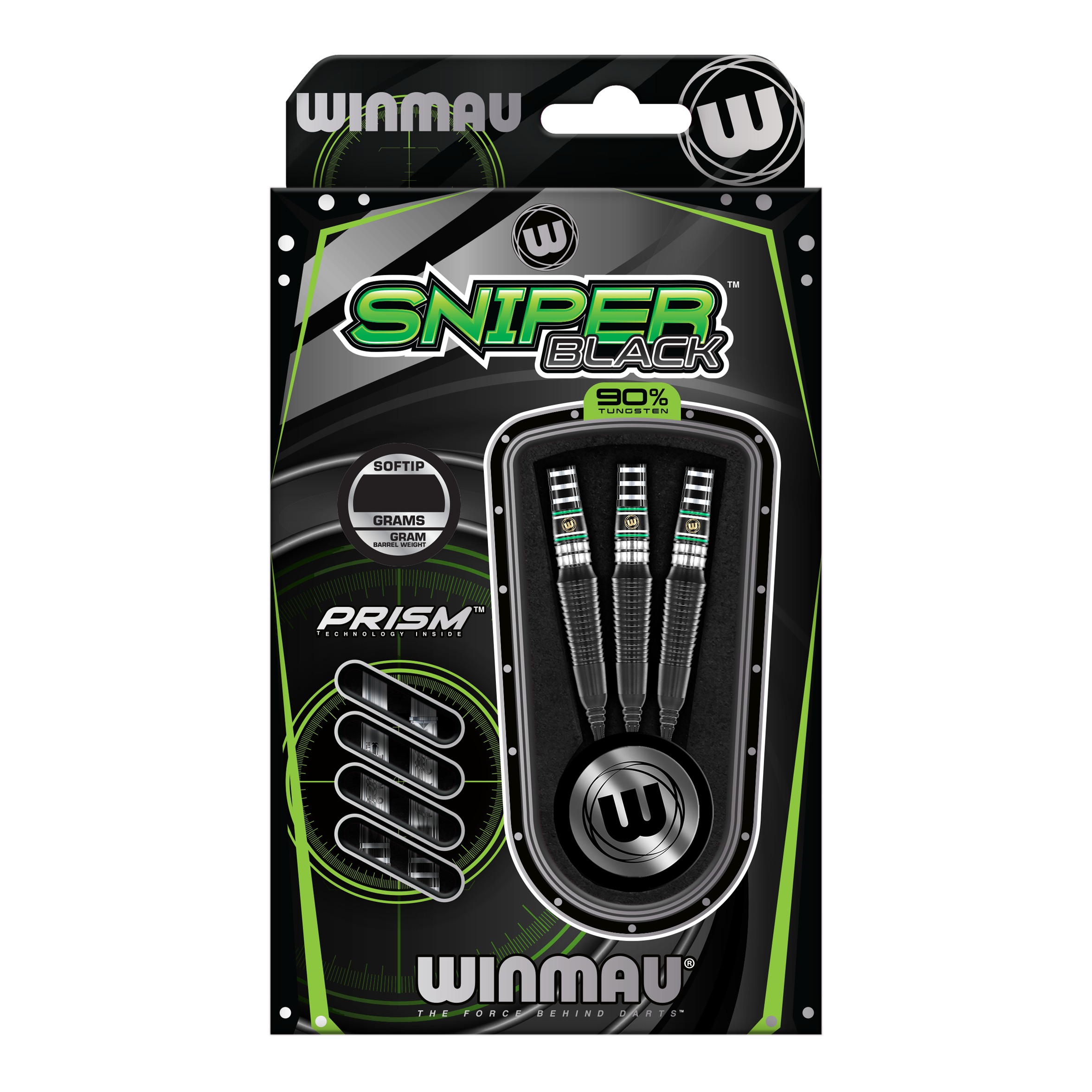 Winmau Sniper Black 2025 soft darts - 20g Die Abbildung zeigt die Winmau Sniper Black 2025 Softdarts mit einem Gewicht von 20 Gramm. Die Verpackung ist in Schwarz und Grün gehalten und enthält drei Softdarts mit 90% Tungsten.