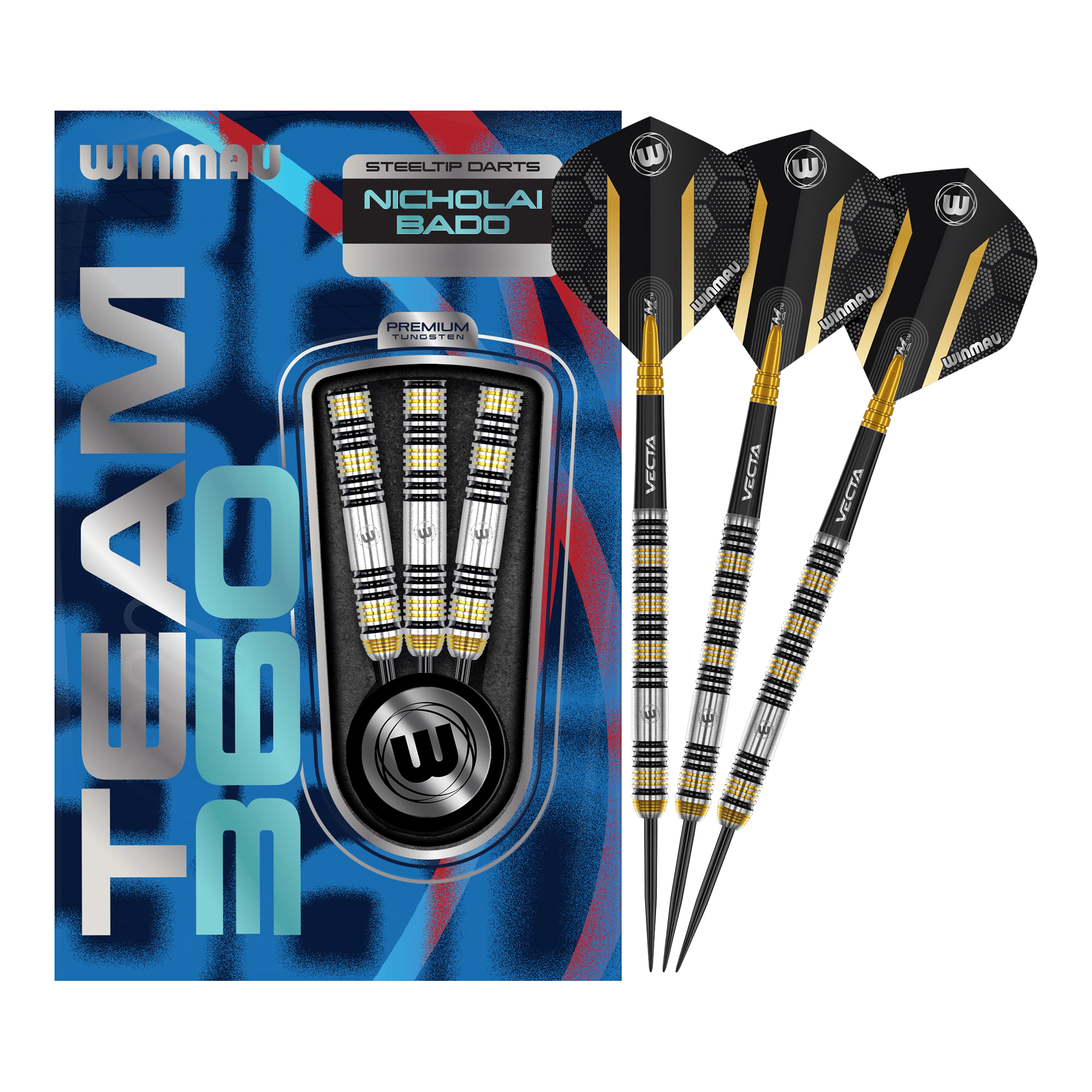 Das Bild zeigt die Winmau Team 360 Nicholai Bado Steeldarts mit 23 Gramm. Diese Darts sind für Präzision und Leistung im Spiel entwickelt.