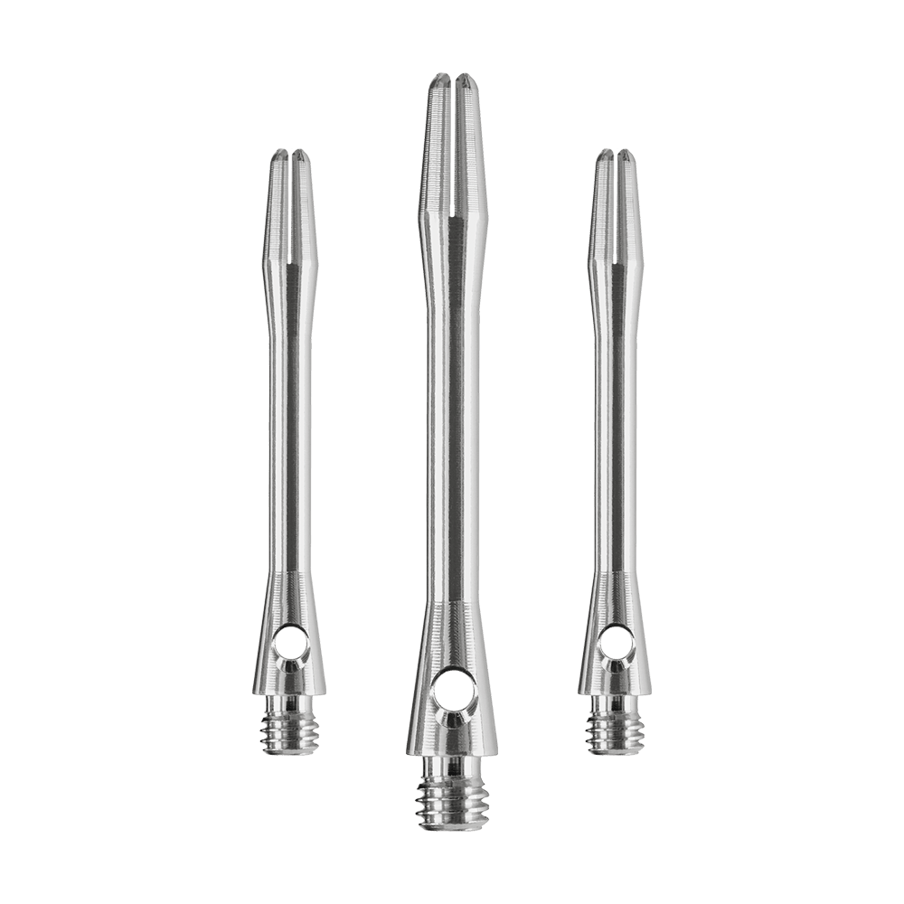 HR370_Harrows_Keramic_Shafts_Gun_Metal_41mm_1 Das Bild zeigt drei silberne Harrows Keramic Shafts in Gun Metal Farbe. Sie sind Dartschäfte in unterschiedlichen Längen.