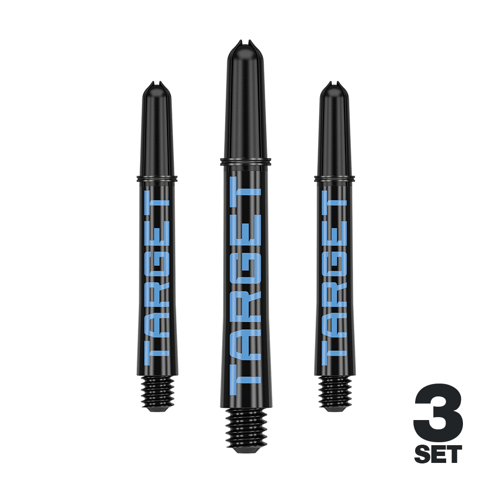 Target Pro Grip TAG Shafts - 3 Sets - Black Blue Das Bild zeigt drei schwarze Dartschäfte mit blauer Aufschrift "TARGET". Unten rechts steht "3 SET", was auf ein Set aus drei Stück hinweist.