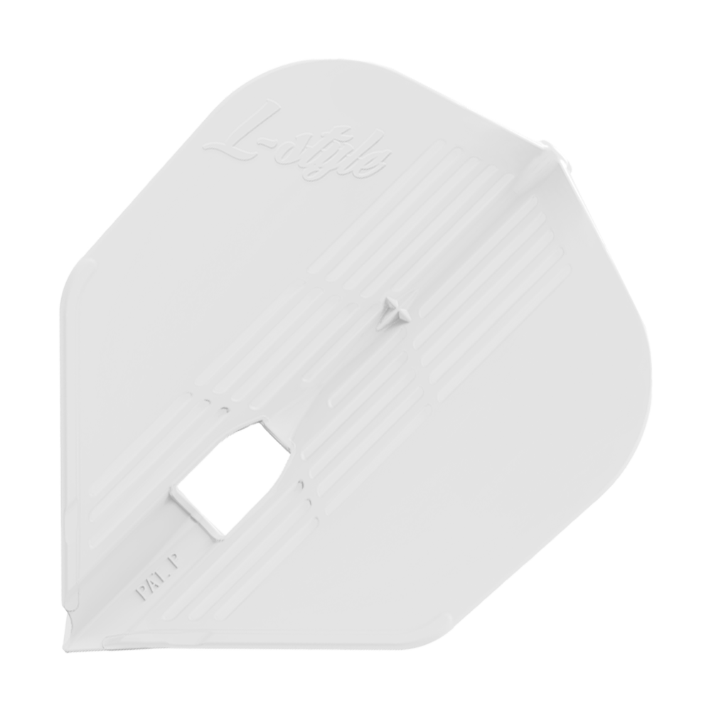 L-Style KAMI L3KPRO Flights Dies ist ein weißes Dartflight mit der Aufschrift "L-style" auf der Oberfläche. Es hat ein strukturiertes Design mit einer rechteckigen Öffnung in der Mitte.
