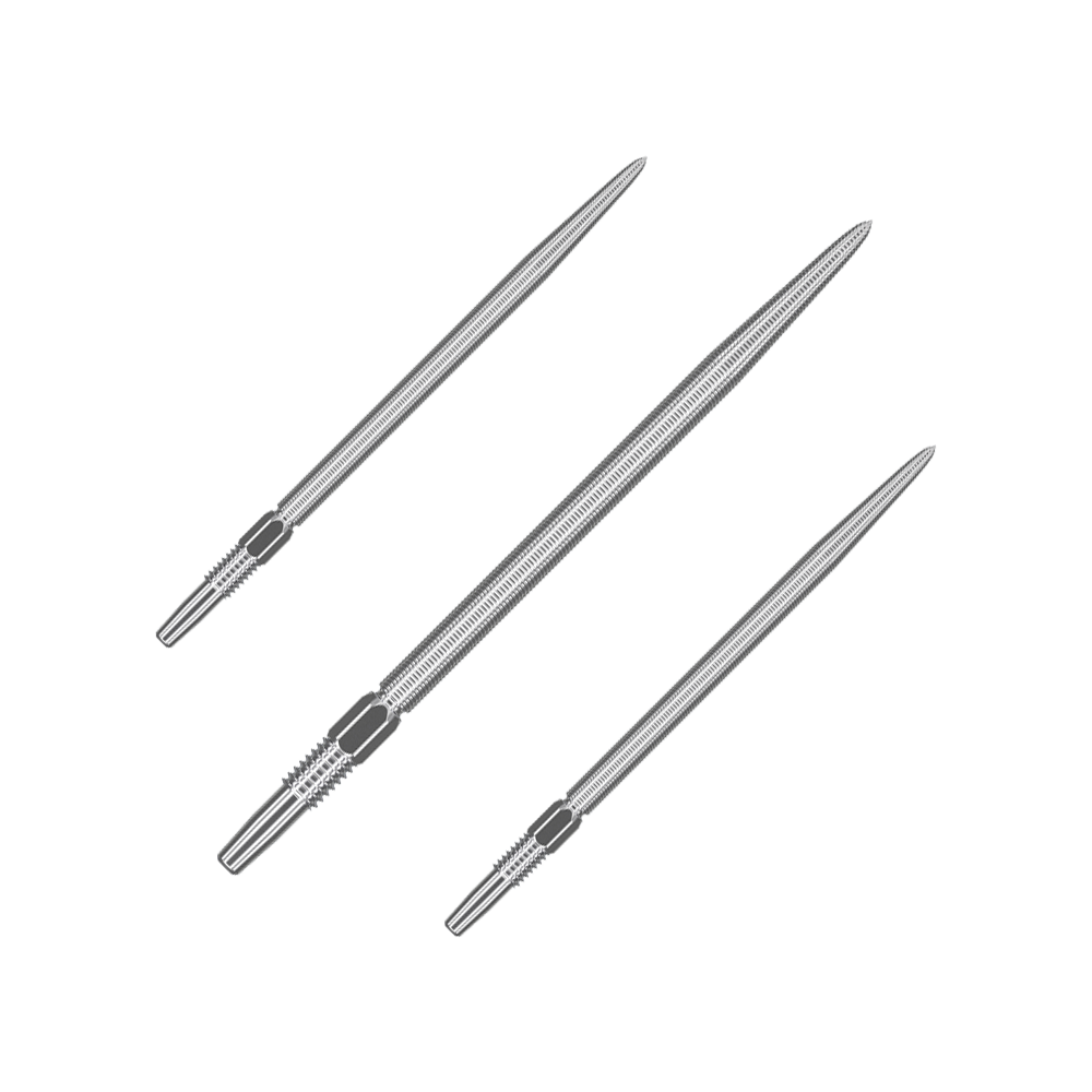 Target Swiss Point Nano Dart Tips - Silver Das Bild zeigt drei silberne Dartspitzen, die nebeneinander angeordnet sind. Sie sind lang, schmal und haben gerillte Bereiche am hinteren Ende.