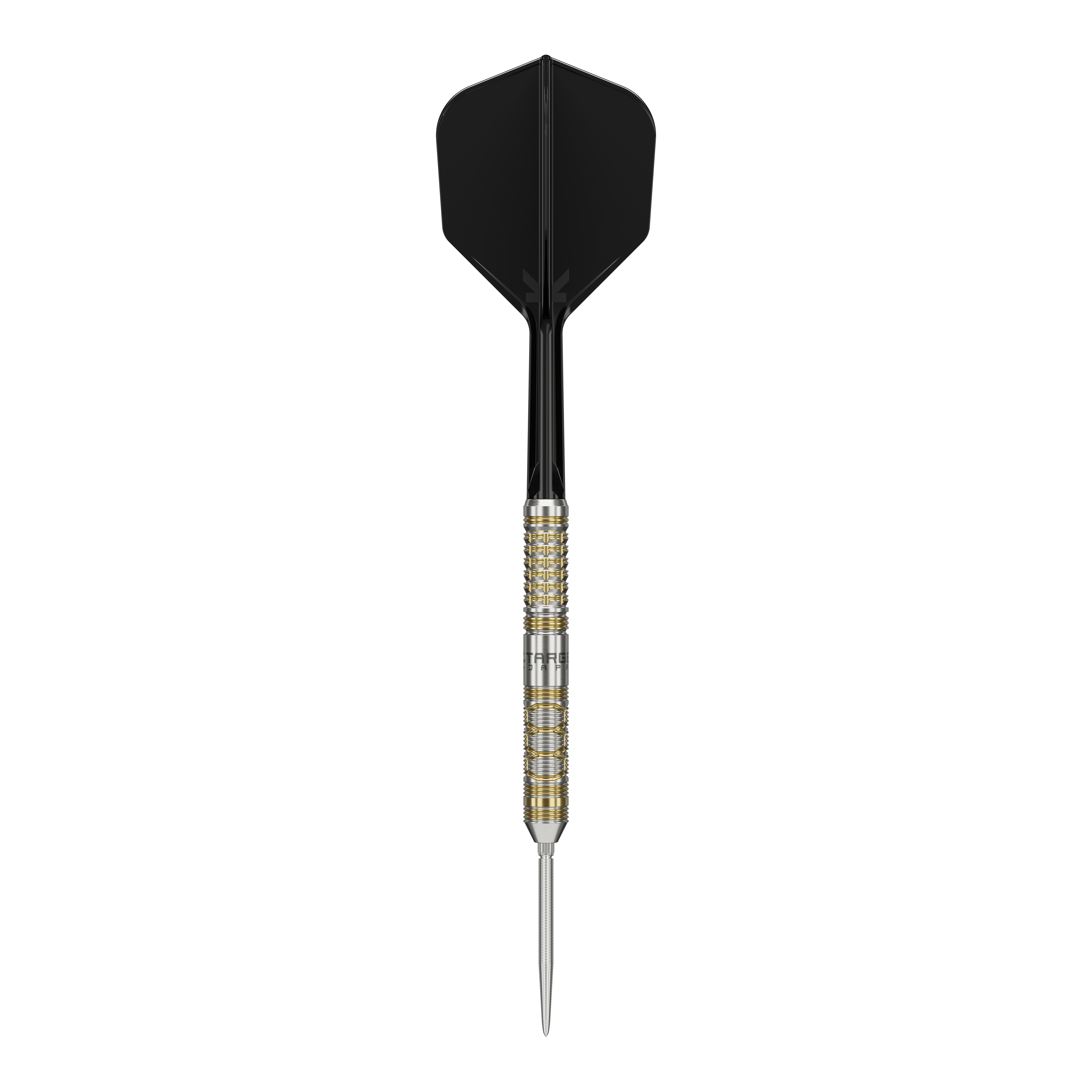 Das Bild zeigt einen Steeldart mit schwarzem Flight und gold-silbernem Barrel. Es handelt sich um das Produkt "Target Japan Black Marque Reyn GEN2 Steeldarts".