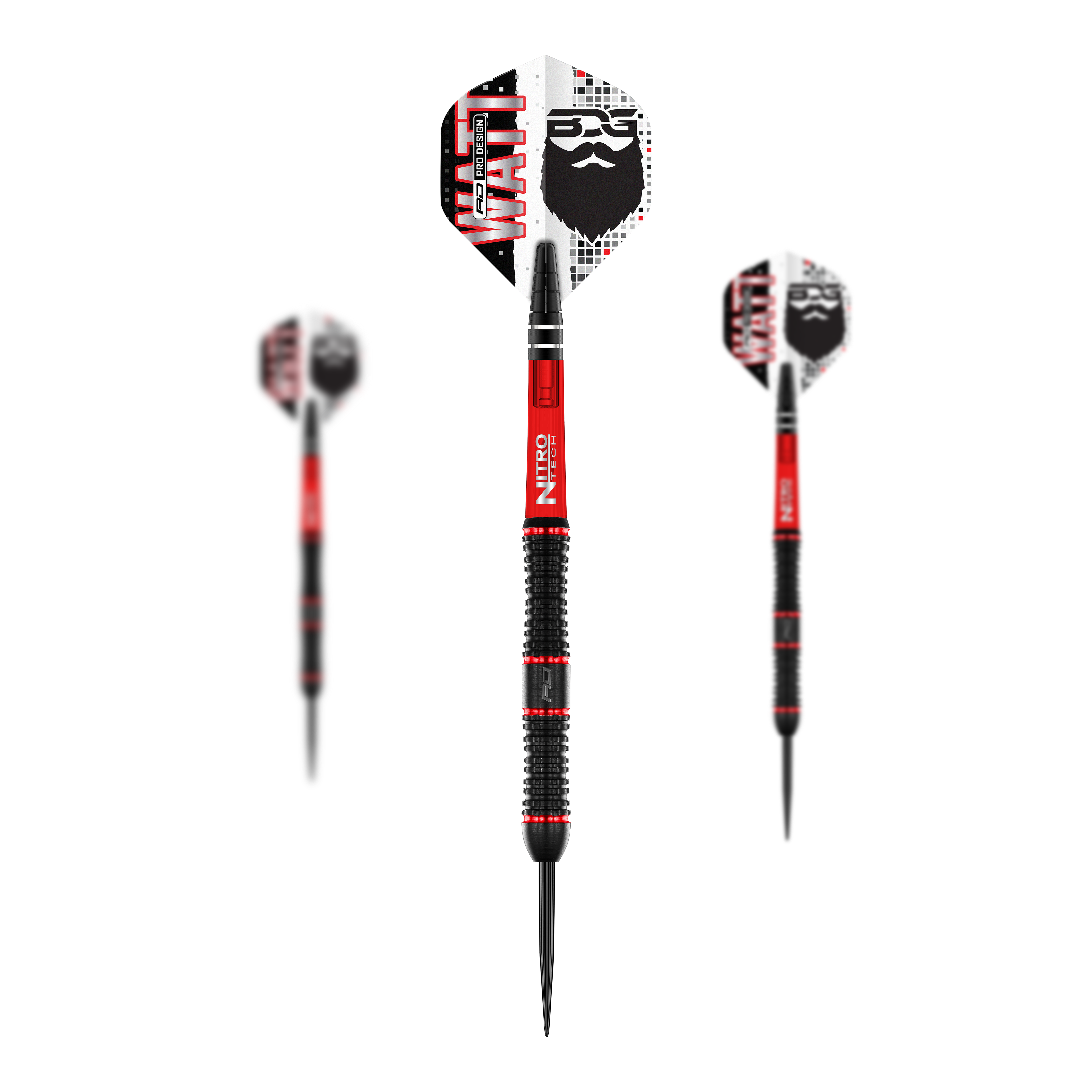 Red Dragon Jason Watt Steel Darts - 22g Das Bild zeigt drei Steeldarts des Modells "Red Dragon Jason Watt" mit einem Gewicht von 22g. Die Darts sind schwarz-rot und haben Flights mit einem Bartmotiv und der Aufschrift "WATT".