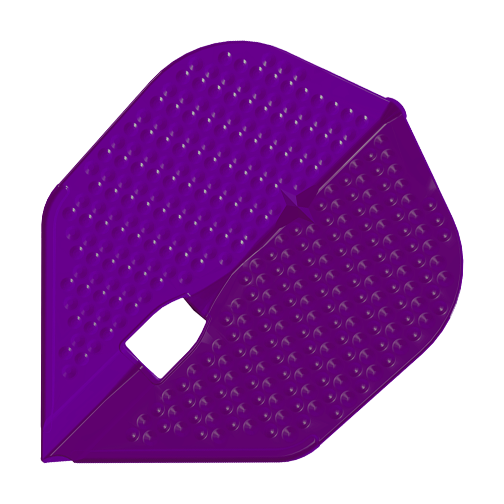 Das Bild zeigt ein lila Dartflight in Dimple-Champagne-Form. Die Oberfläche ist mit vielen kleinen Vertiefungen versehen.