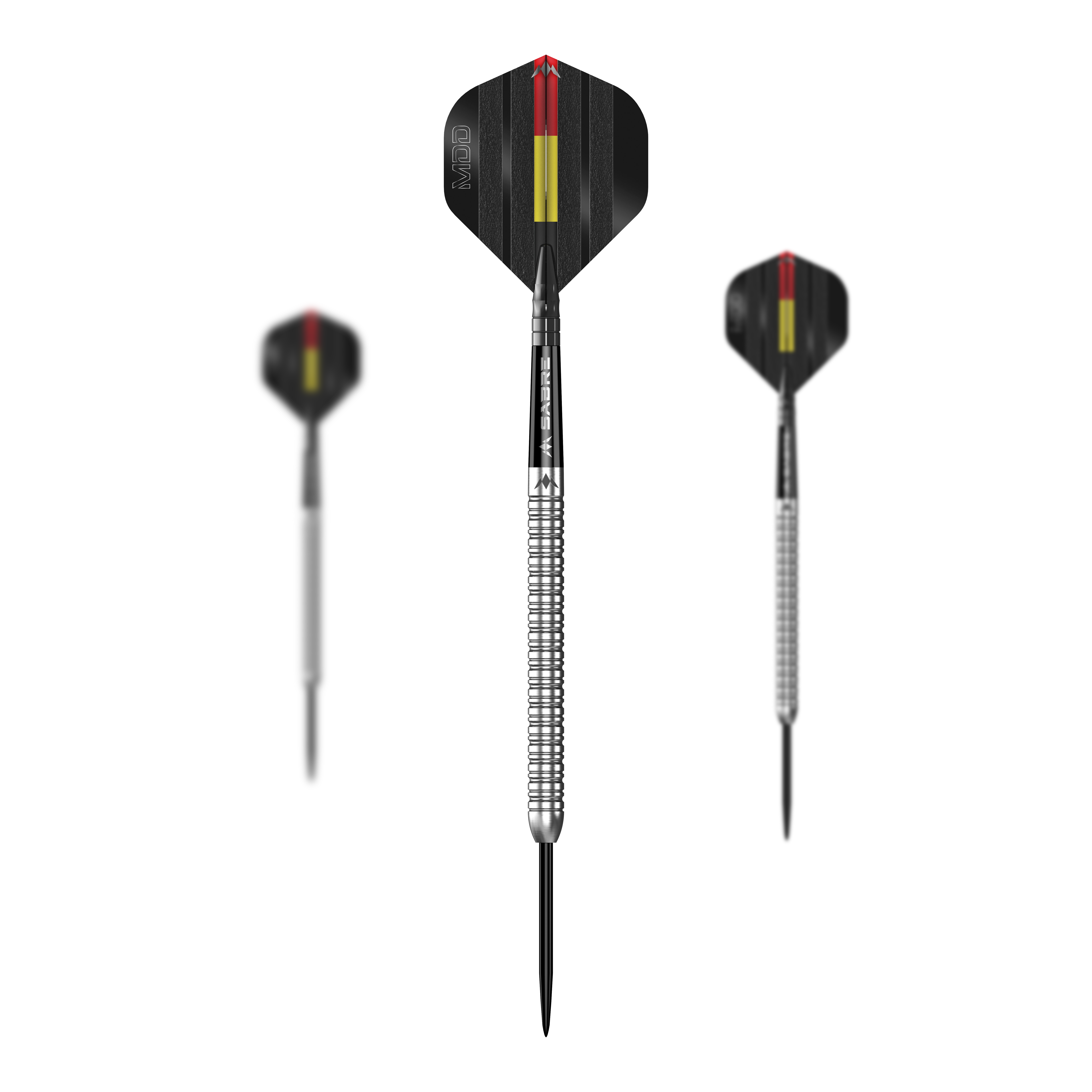 Mission Mike De Decker MDD Silver Steel Darts Das Bild zeigt drei silberne Steeldarts des Modells "Mission Mike De Decker MDD Silver". Die Flights sind schwarz mit roten und gelben Streifen gestaltet.