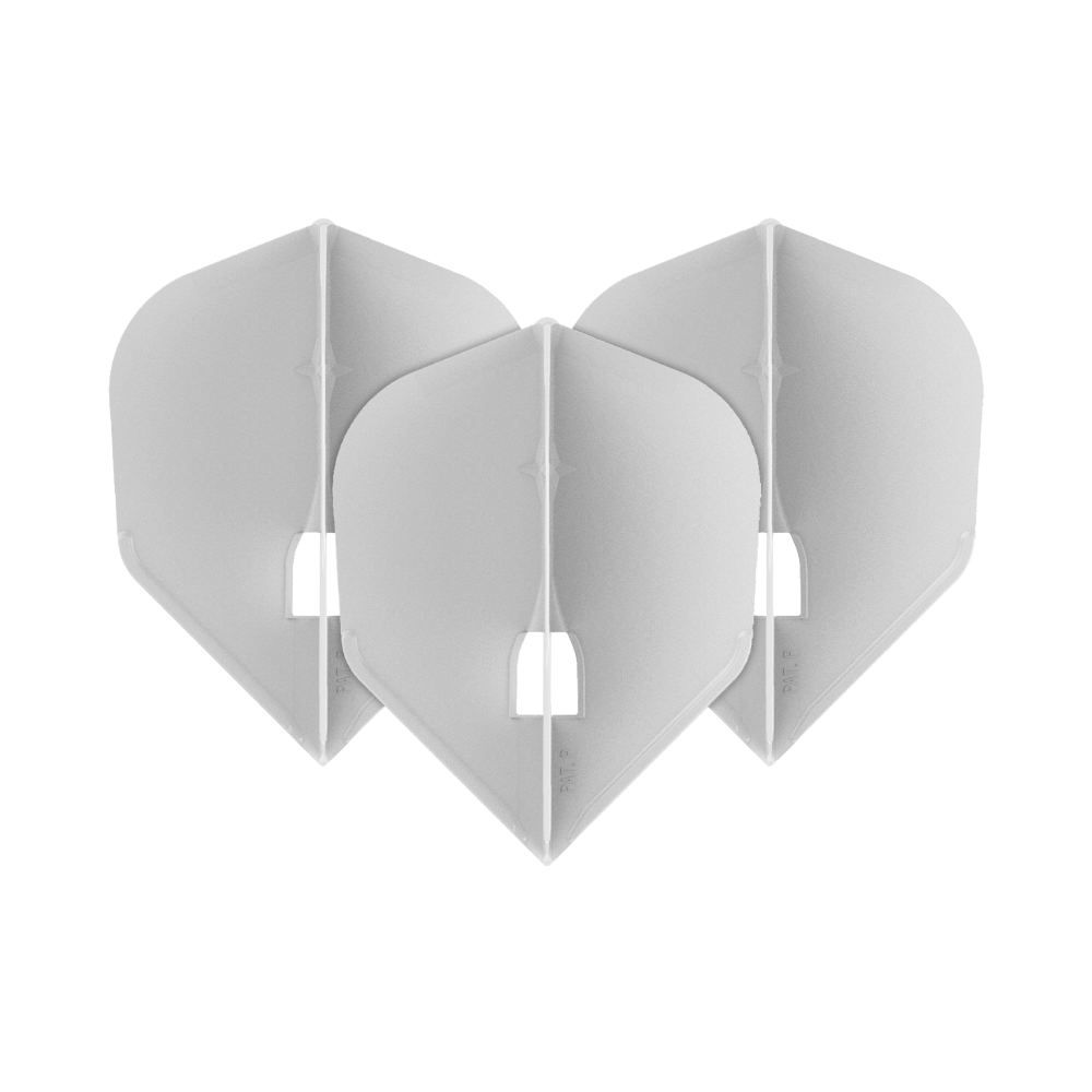 Auf dem Bild sind drei weiße Dart-Flights in einer V-Form angeordnet. Die Flights haben jeweils eine leicht durchsichtige Optik und eine standardisierte Pfeilform.