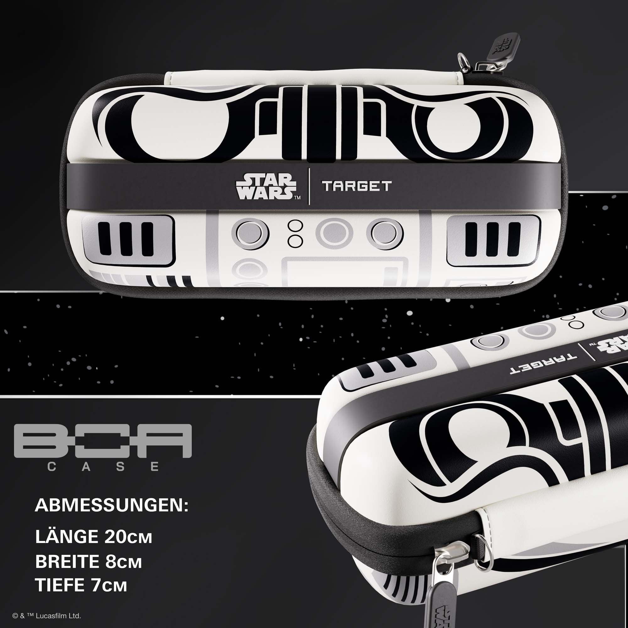 Target Star Wars Boa Dartcase - Stormtrooper Auf diesem Bild sieht man das Target Star Wars Boa Dartcase im Stormtrooper Design. Das Dartcase ist im Stil der Star Wars Stormtrooper gestaltet.