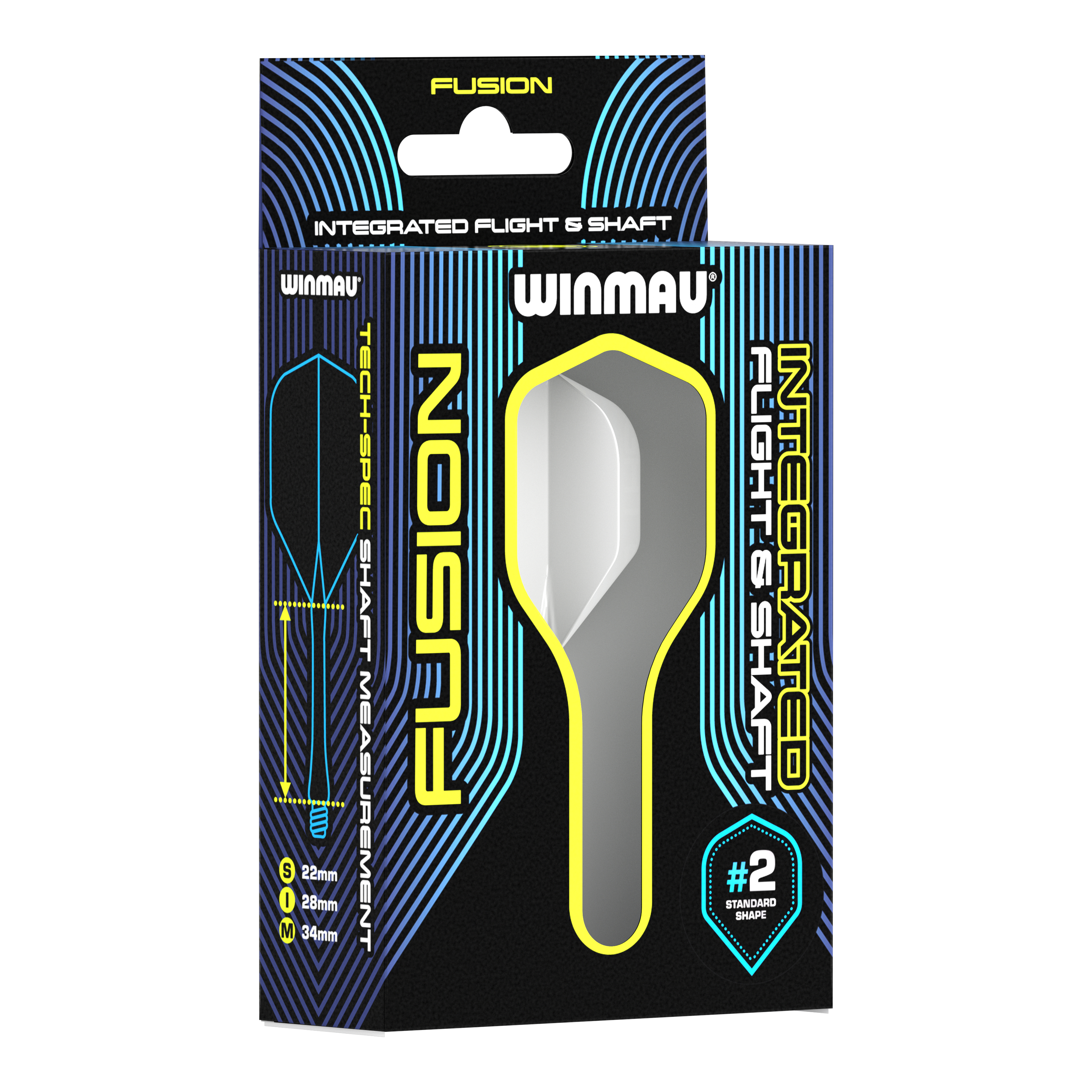 Winmau Fusion Flight Shaft System Standard White Auf dem Bild ist eine Verpackung des Winmau Fusion Integrated Flight & Shaft Systems in Weiß zu sehen. Die Verpackung zeigt einen 22 mm langen Schaft mit der Standardform #2.