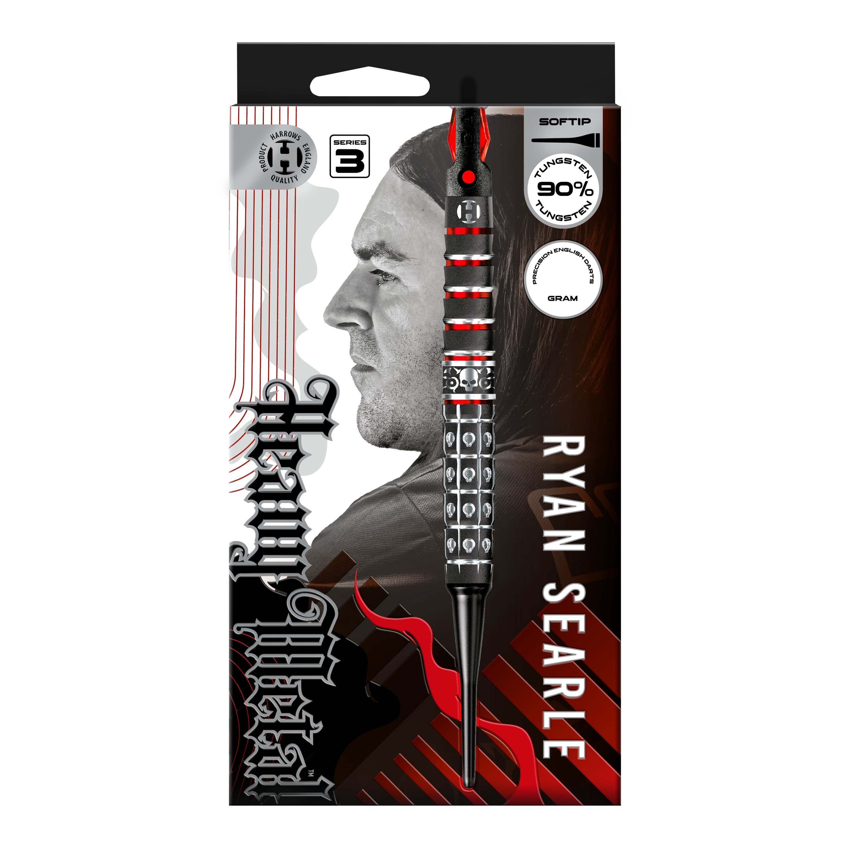 Abgebildet ist Harrows Ryan Searle Series 3 Softdarts. Es handelt sich um einen Satz moderner Softdarts für Dartspieler.