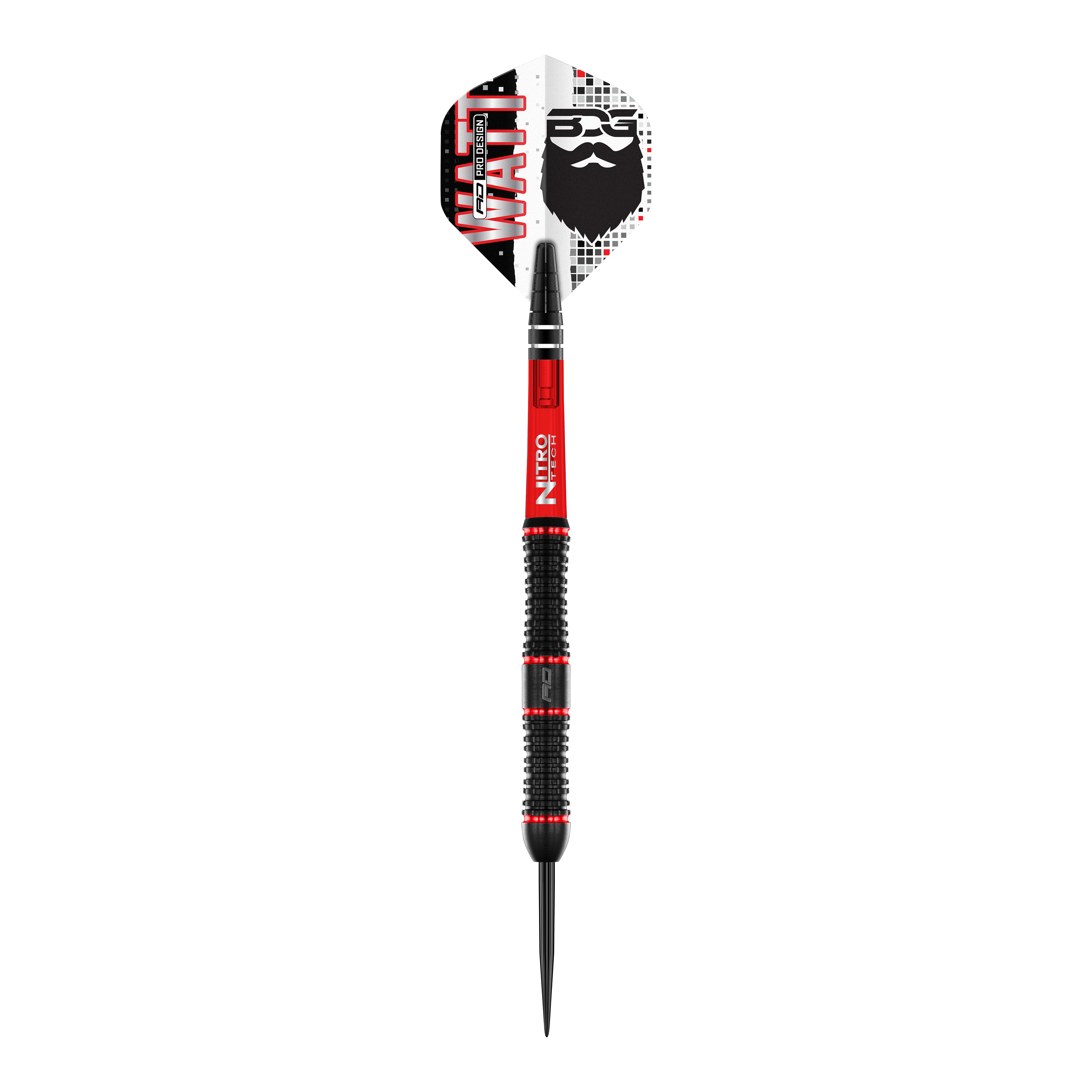 Red Dragon Jason Watt Steel Darts - 22g Das Bild zeigt den "Red Dragon Jason Watt Steeldart - 22g". Der Dartpfeil hat ein auffälliges Design in Schwarz, Rot und Weiß mit dem Namen „Watt“ und einem Bartmotiv auf der Flights.