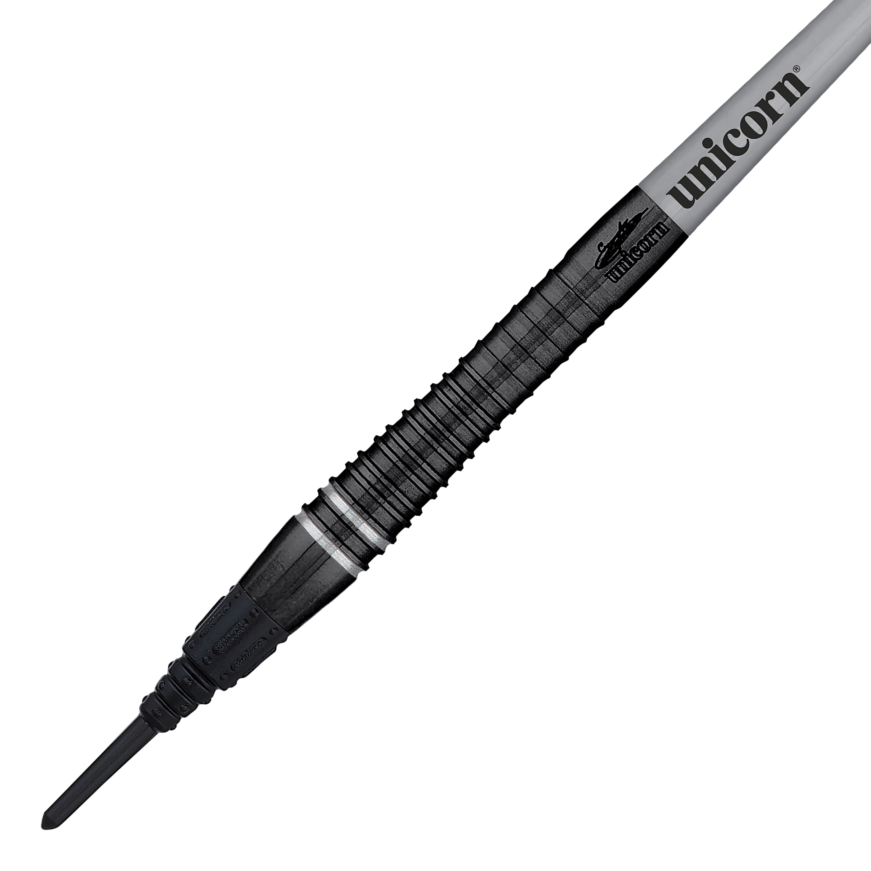 Unicorn World Champion Gary Anderson Noir Phase 6 Soft Darts Das Bild zeigt einen Unicorn World Champion Gary Anderson Noir Phase 6 Softdart. Der Dart hat ein elegantes, schwarzes Design mit dem Aufdruck "unicorn" auf dem Schaft.