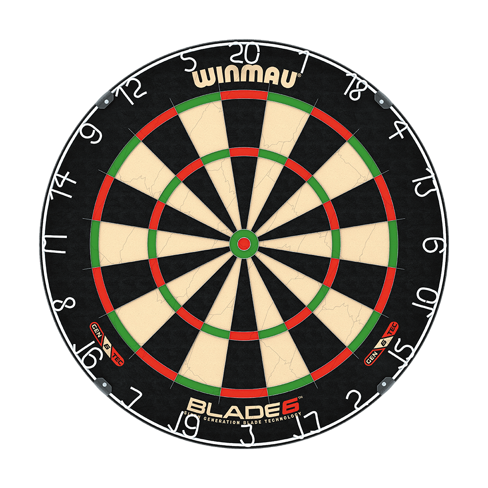 B6XLSET_Winmau_Blade_6_Dartboard_Set_mit_2_Sets_Darts_und_Winmau_Surround_2 Das Bild zeigt eine Winmau Blade 6 Dartscheibe mit deutlicher Segmentierung und farbigen Markierungen. Im unteren Bereich ist der Schriftzug "BLADE 6" zu sehen.