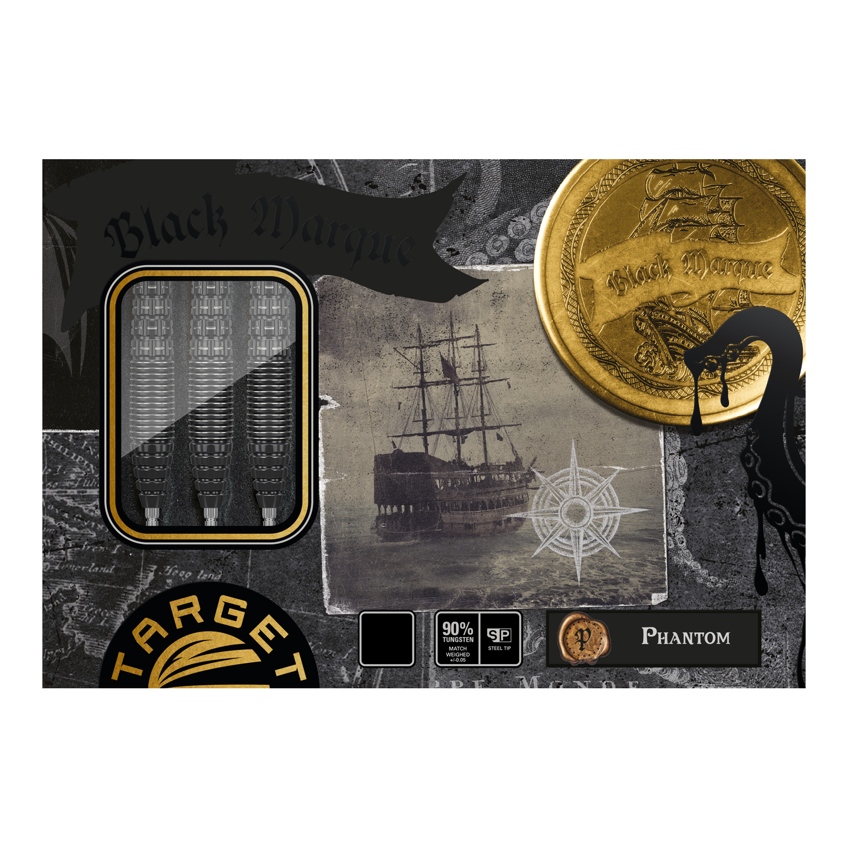 Target Japan Black Marque Phantom Swiss Point Steel Darts Die Abbildung zeigt die Verpackung der "Target Japan Black Marque Phantom Swiss Point Steeldarts". Auf der Verpackung sind drei Darts, ein altes Segelschiff und ein goldener Münzmotiv zu sehen.