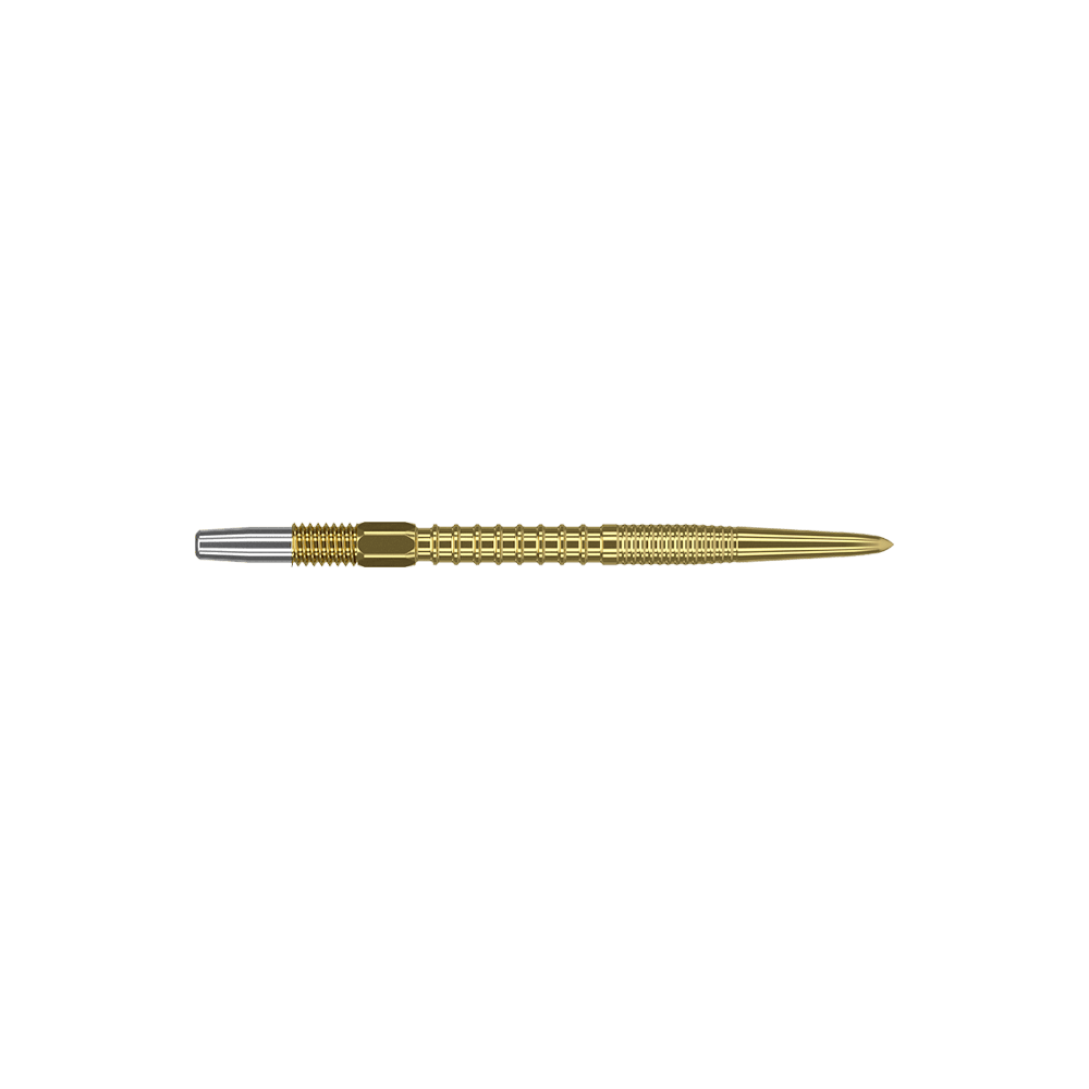 Target Swiss Firepoint Gold dart tips Auf dem Bild ist eine goldene Dartspitze mit einer silbernen Befestigung dargestellt. Die Spitze ist lang, fein gearbeitet und hat eine strukturierte Oberfläche.