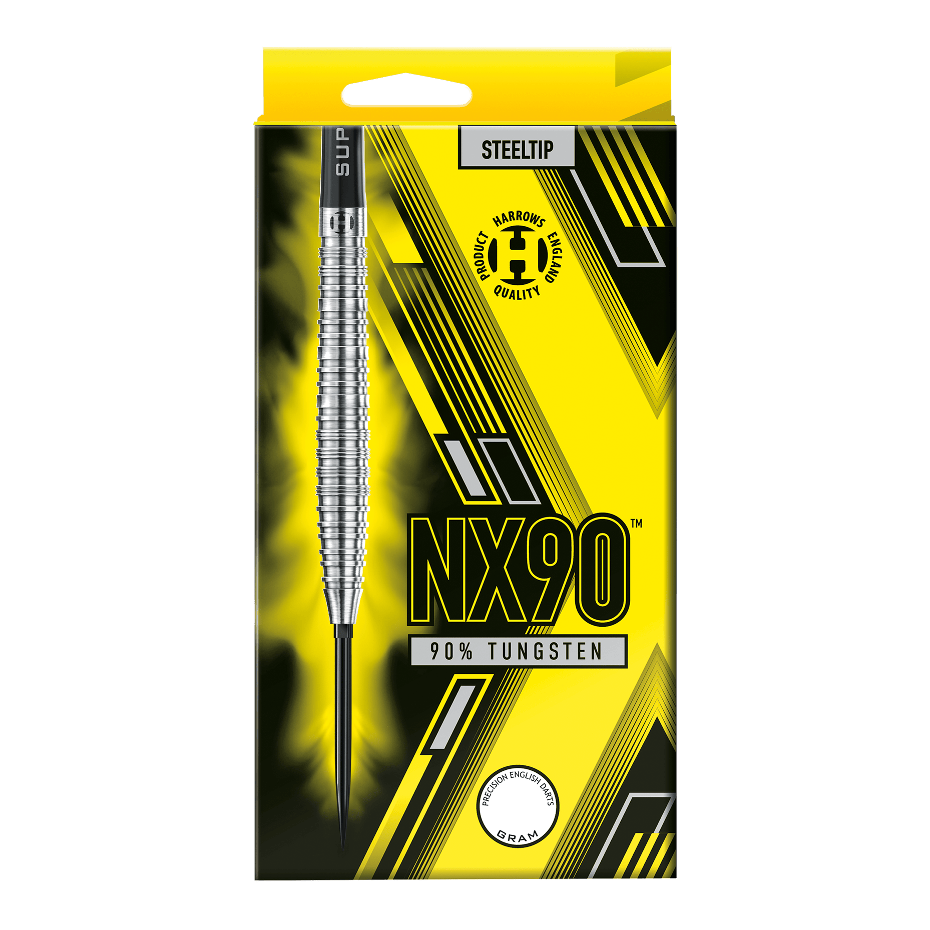 Die Abbildung zeigt die Harrows NX90 Tapered Quick Point Steeldarts. Diese Darts sind speziell für Genauigkeit und Kontrolle konzipiert.