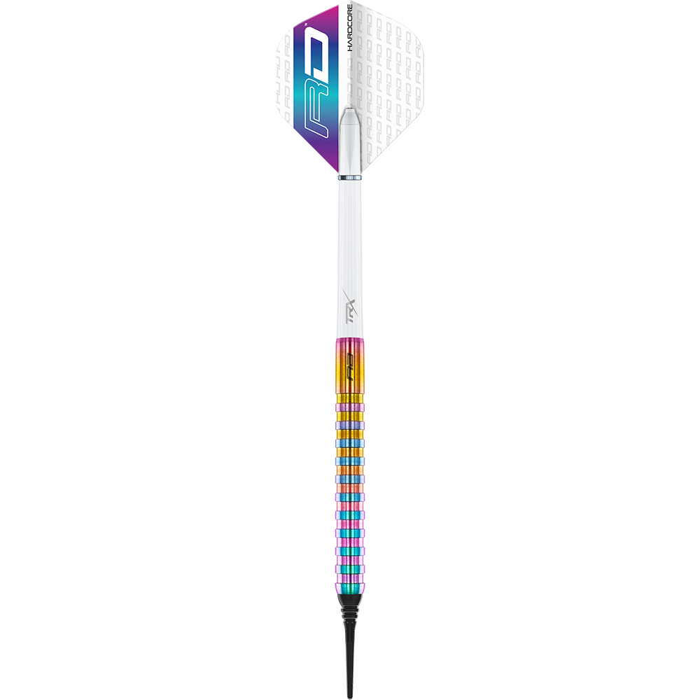 RD2517_Red_Dragon_Javelin_Spectron_Softdarts_1JljhnszoxLKtw Das Bild zeigt einen Red Dragon Javelin Spectron Softdart mit einem Gewicht von 20g. Der Dart hat eine bunte, gestreifte Griffzone und ein Flight mit dem RD-Logo.