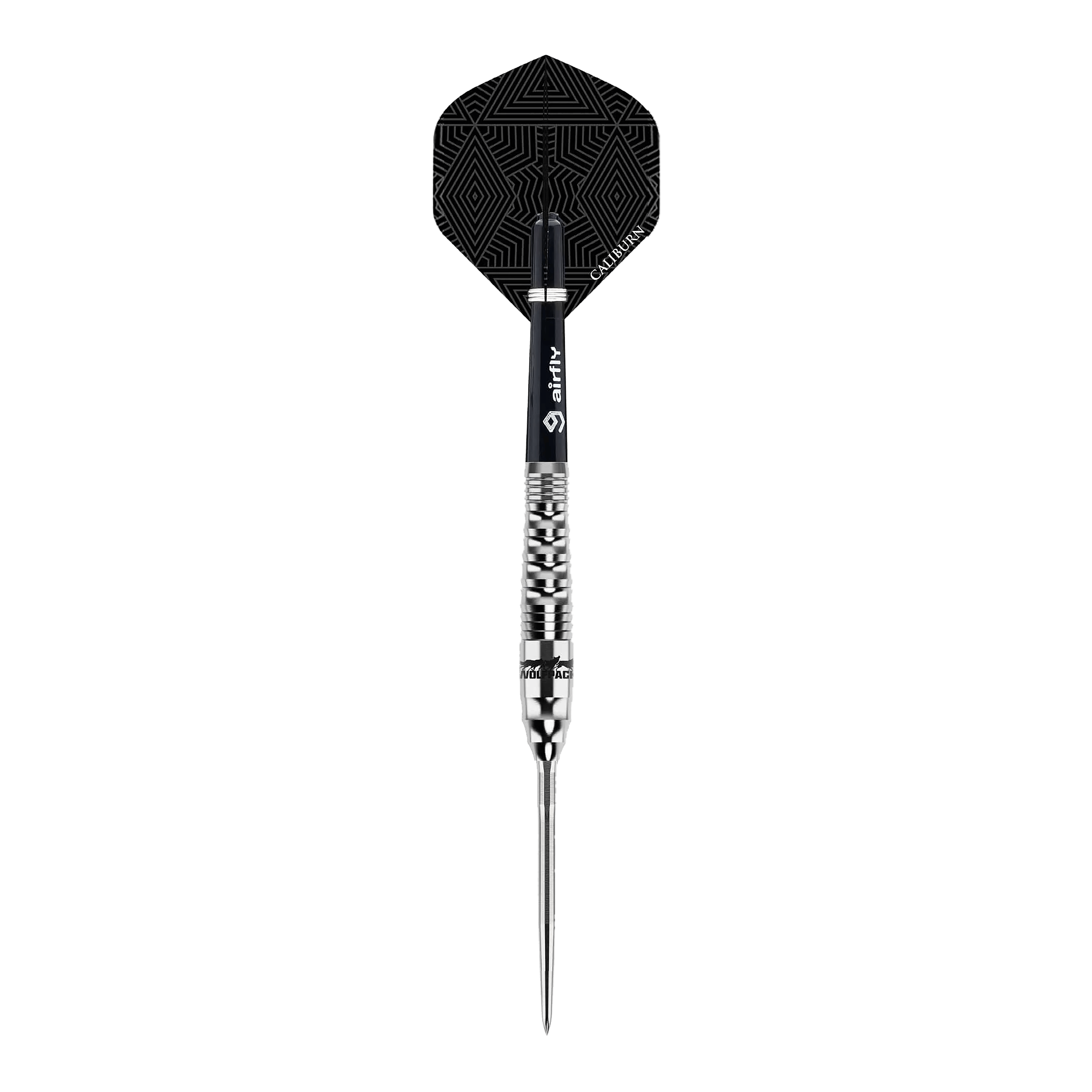 Caliburn Wolfpack W3 Steeldarts - 21g Auf dem Bild ist der Caliburn Wolfpack W3 Steeldart mit einem Gewicht von 21g zu sehen. Der Dartpfeil hat ein silbernes, strukturiertes Barrel und eine schwarz gemusterte Flight.
