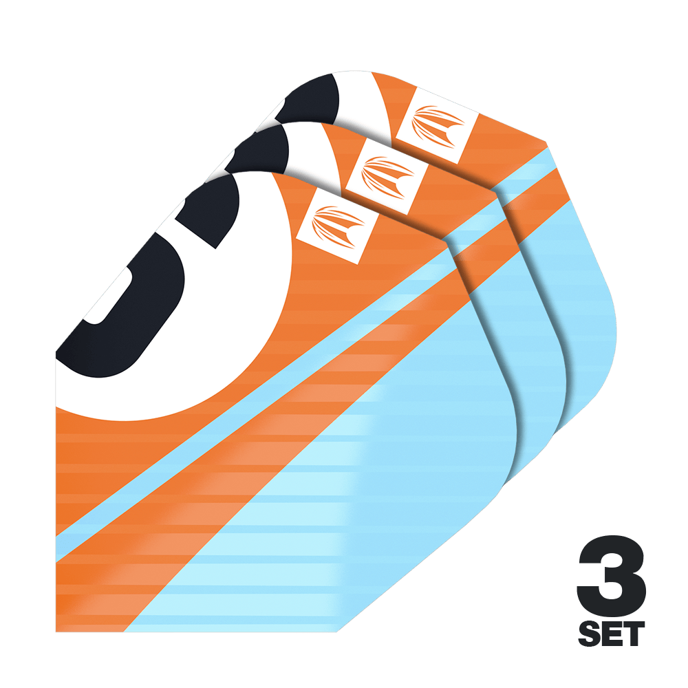 Target Pro Ultra Chicane Orange Ten-X Flights - 3 Sets Das Bild zeigt drei Sätze Target Pro Ultra Chicane Orange Ten-X Flights. Die Flights sind orange und hellblau mit einem auffälligen Design.