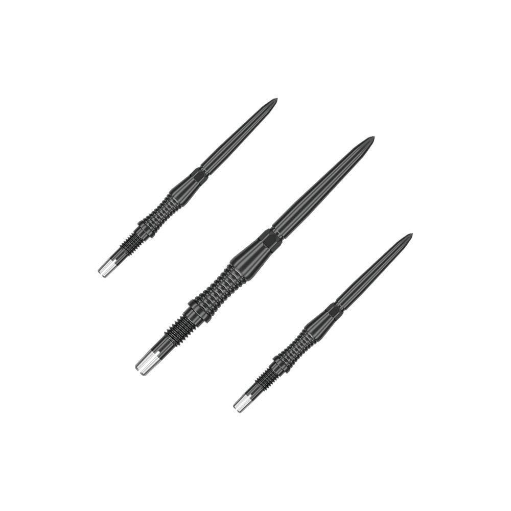 Target Swiss Point Dart Tips Signature RST - Black Das Bild zeigt schwarze Dartspitzen mit RST-Design, 30mm, von Target Swiss Point. Die Aufnahme präsentiert die Spitzen als Set.