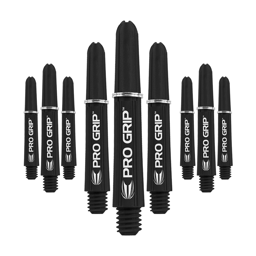 Target Pro Grip Shafts - 3 Sets - Black Das Bild zeigt neun schwarze Dartschäfte mit der Aufschrift "PRO GRIP". Die Schäfte sind in drei 3er-Sets nebeneinander angeordnet.