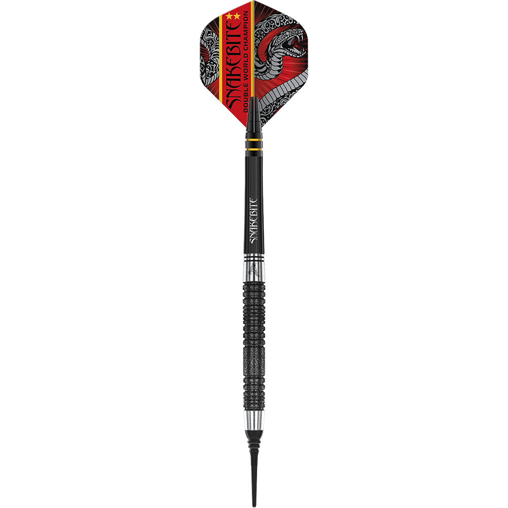RD2411_Red_Dragon_Peter_Wright_Double_World_Champion_SE_Black_Softdarts_1foRMtx879kjgS Dies ist ein schwarzer Softdart der Marke Red Dragon, Modell "Peter Wright Double World Champion SE" mit 20g Gewicht. Auf dem Flight steht "Snakebite Double World Champion" und es ist ein Schlangenmuster abgebildet.