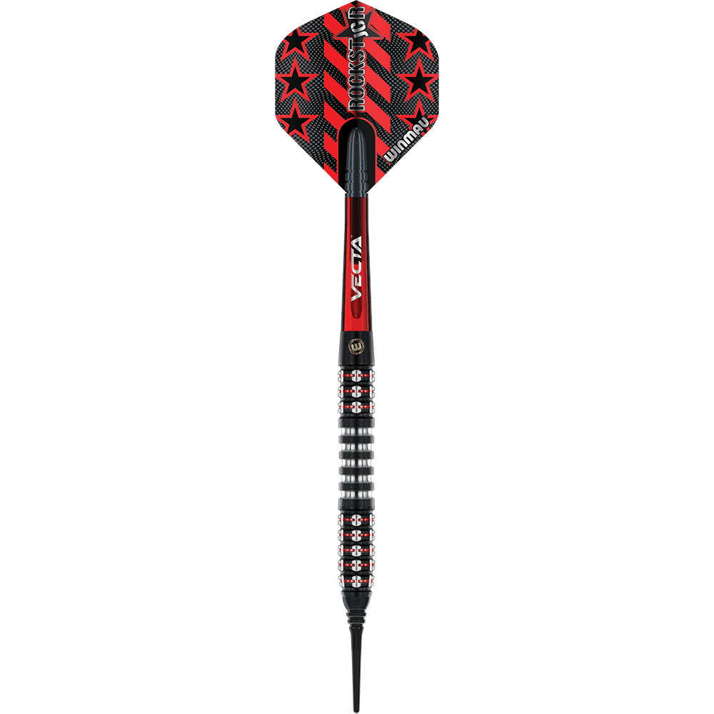 2460_Winmau_Joe_Cullen_Ignition_Series_Softdarts_1Nj2G13UwvOxIR Das Bild zeigt einen Winmau Joe Cullen Ignition Series Softdart mit einem Gewicht von 20g. Der Dart hat ein auffälliges Design in Schwarz und Rot mit Sternen auf dem Flight.