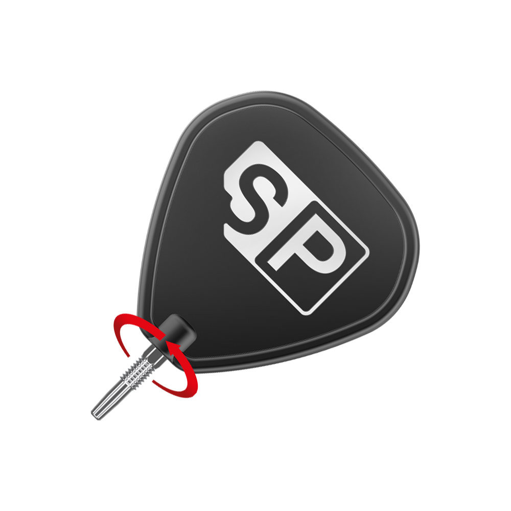 Target Swiss Point Nano Dart Tips - Silver Das Bild zeigt eine schwarze Dartflightscheibe mit den weißen Buchstaben "SP" darauf. Unten ist eine silberne Dartspitze zu sehen, um die ein roter Pfeil eine Drehbewegung anzeigt.
