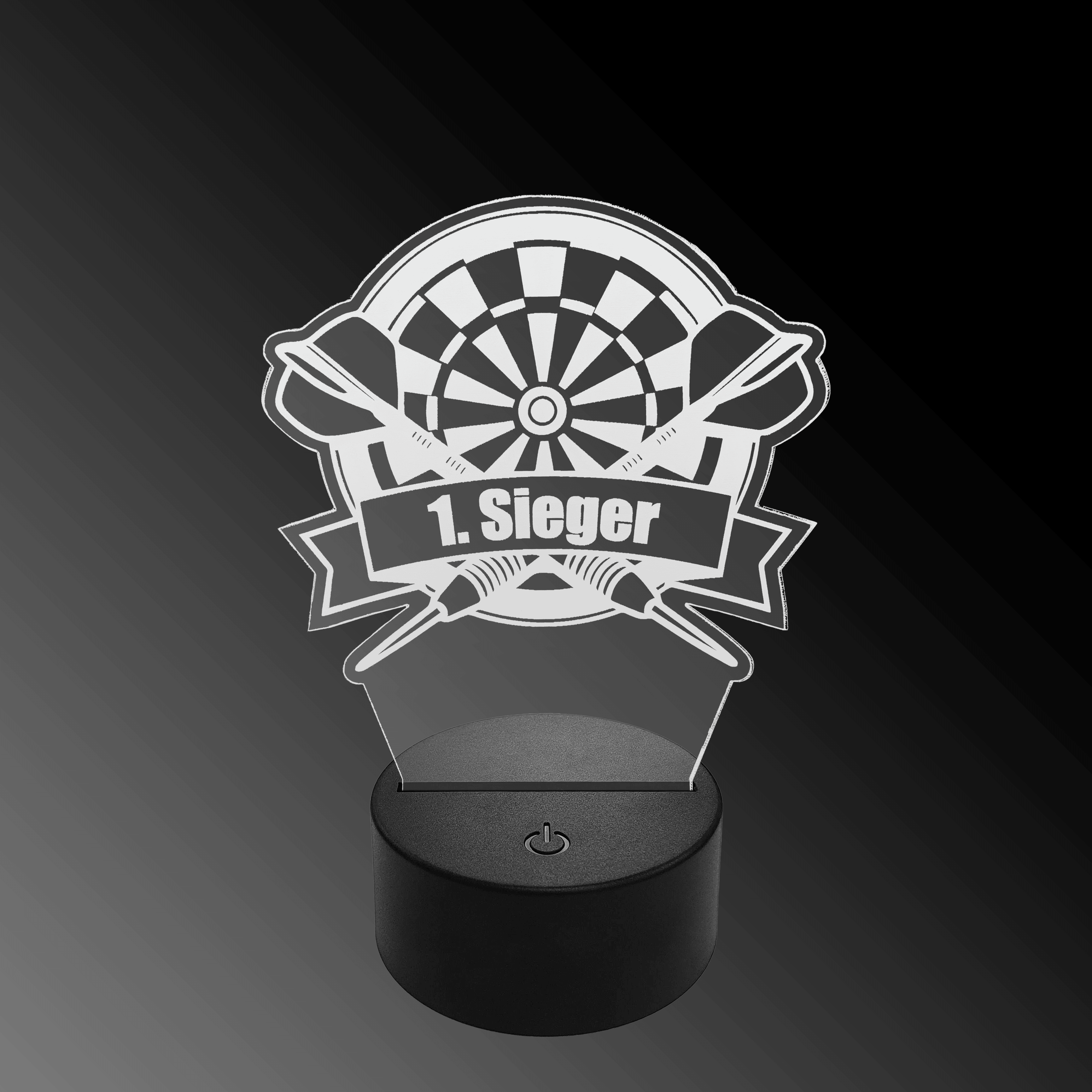 LED plexiglass dart lamp with custom text Das Bild zeigt eine LED-Lampe mit einem Plexiglasaufsatz in Form eines Dartboards und zwei gekreuzten Darts. Auf dem Schild steht "1. Sieger" geschrieben.