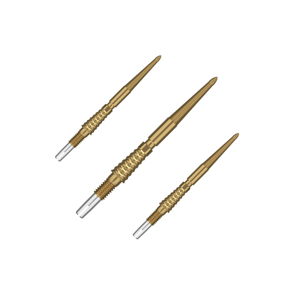 Target Swiss Storm LNC dart tips - gold Das Bild zeigt drei goldfarbene Dartspitzen, die nebeneinander angeordnet sind. Sie haben ein geriffeltes Design zur besseren Griffigkeit.