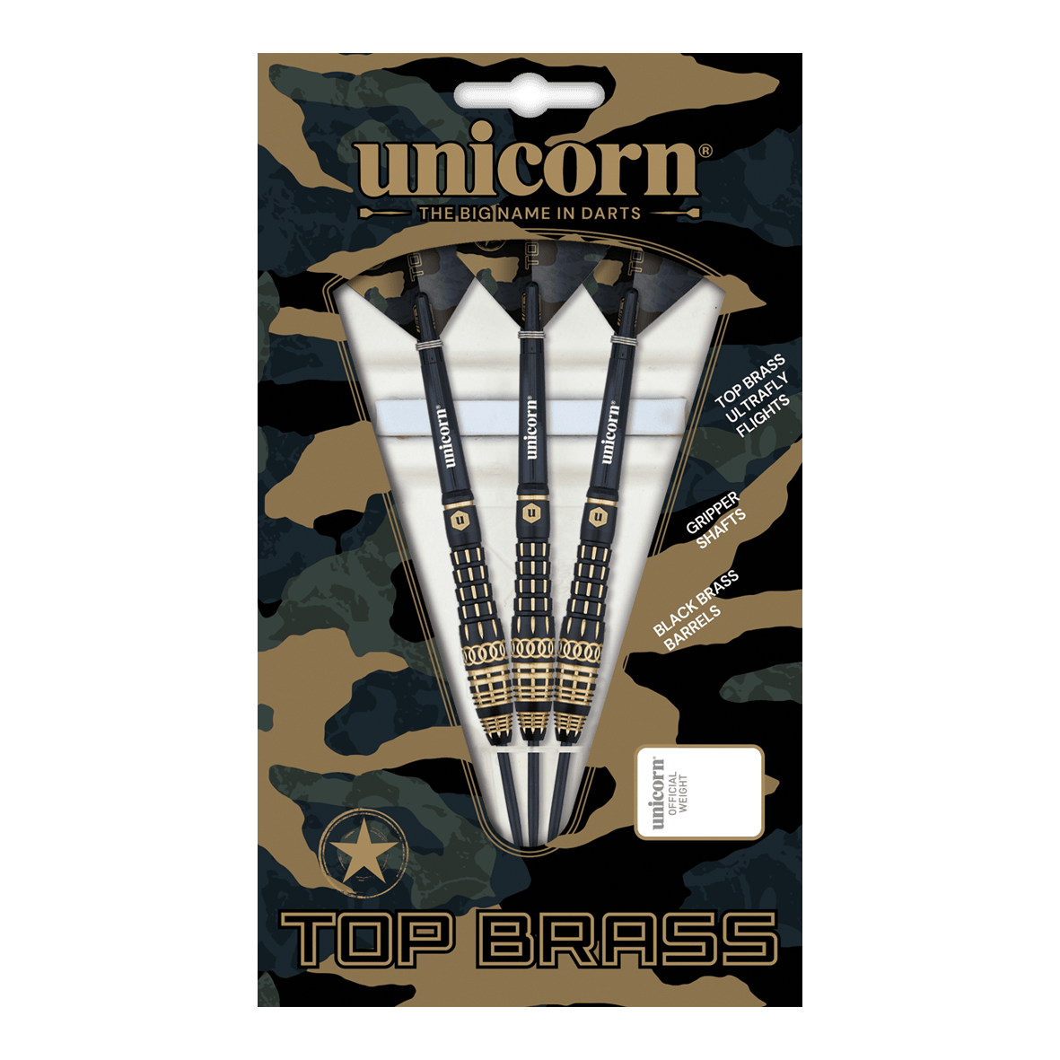 Unicorn Top Brass V4 Steeldarts - 20g Das Bild zeigt die "Unicorn Top Brass V4 Steeldarts - 20g" in ihrer Verpackung. Die Darts haben schwarze und goldene Akzente und sind für präzises Werfen konzipiert.