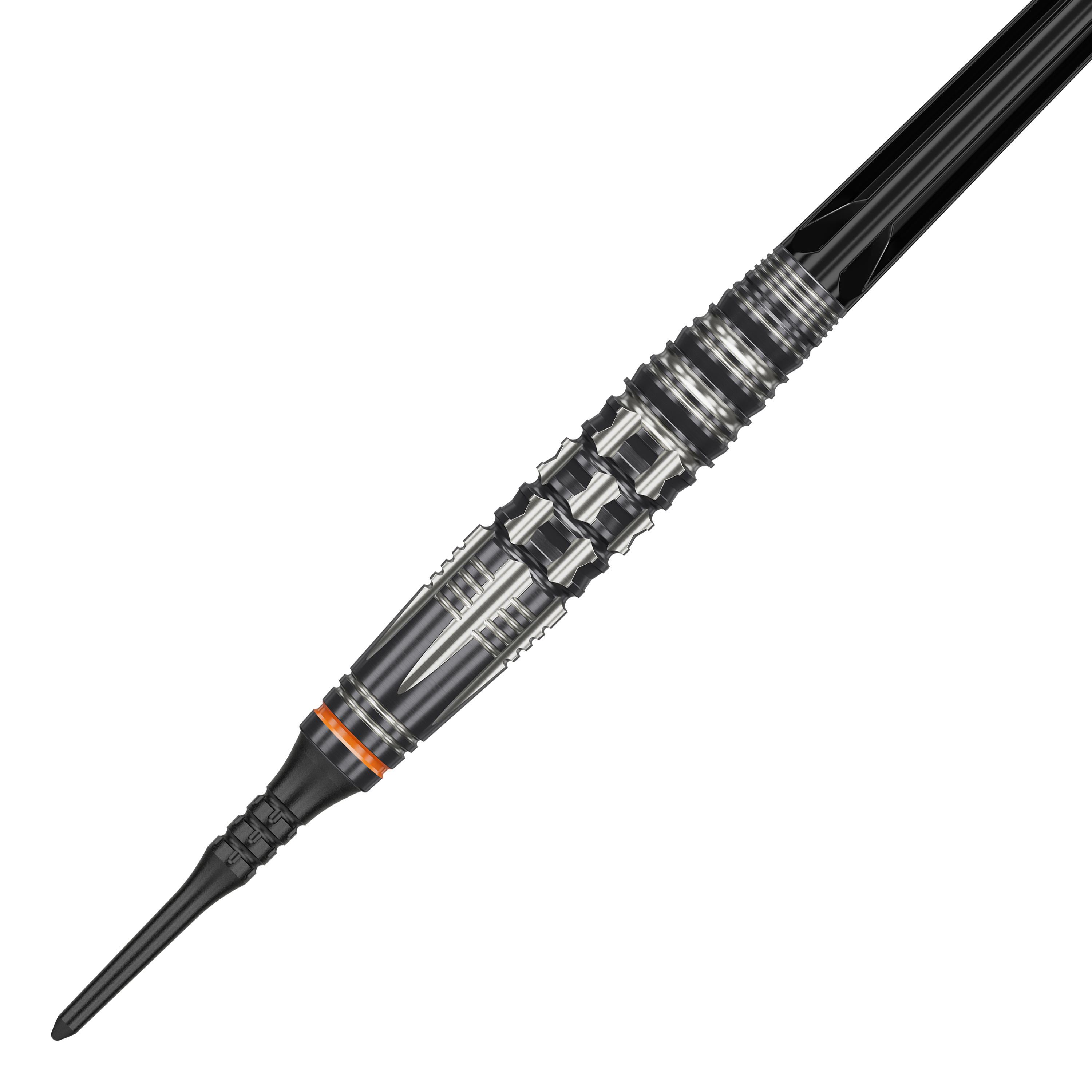 Target Japan Black Marque Dancing Duck GEN 4 Soft Darts - 17g Das Bild zeigt einen Target Japan Black Marque Dancing Duck GEN 4 Softdart mit einem Gewicht von 17g. Der Dartpfeil hat ein auffälliges silber-schwarzes Design mit vielen feinen Details und einem orangefarbenen Ring.