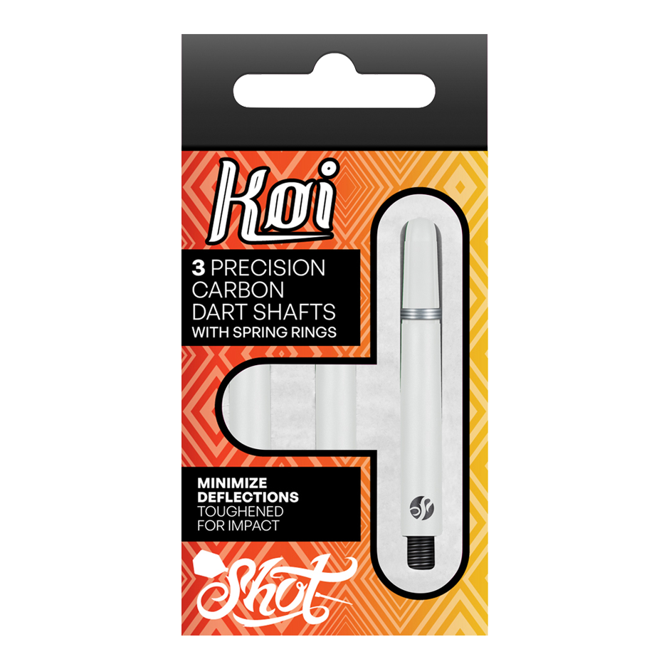 Shot Koi Carbon Shafts - White Die Verpackung zeigt drei präzise Carbon-Dartschäfte mit Sprengringen der Marke Koi. Sie sind darauf ausgelegt, Ablenkungen zu minimieren und sind für hohe Schlagfestigkeit verstärkt.