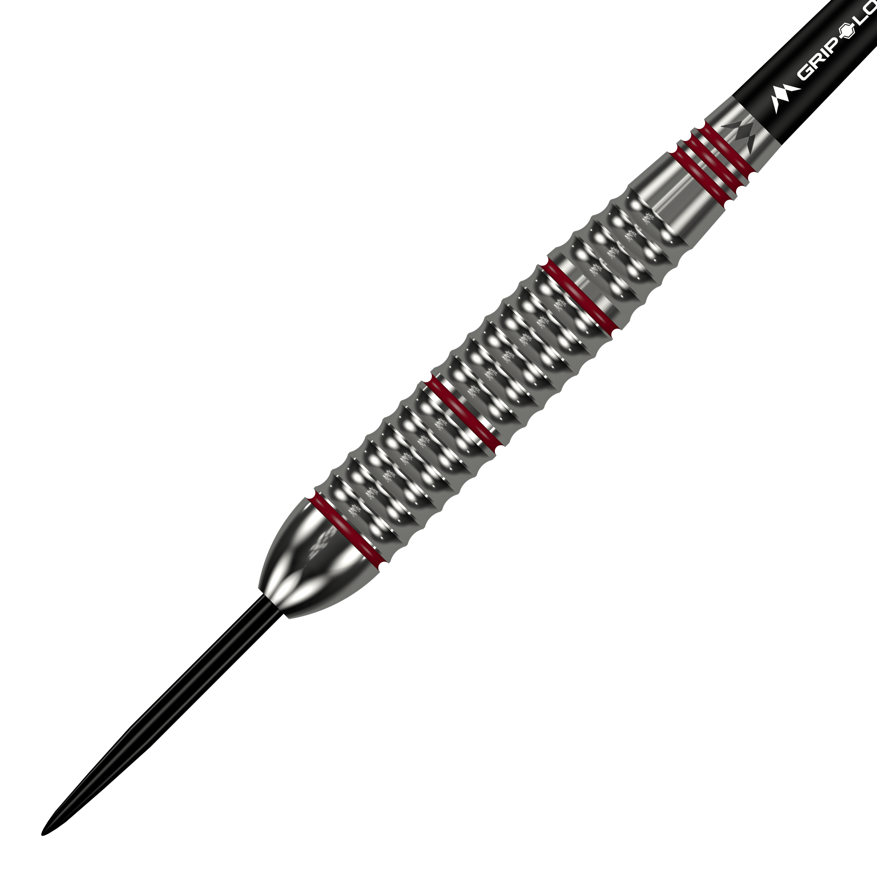 Mission Rogue Brass Steel Darts - 22g Das Bild zeigt einen Mission Rogue Brass Steeldart mit einem Gewicht von 22 Gramm. Der Dartpfeil hat ein silbernes, geriffeltes Barrel mit roten Akzenten.