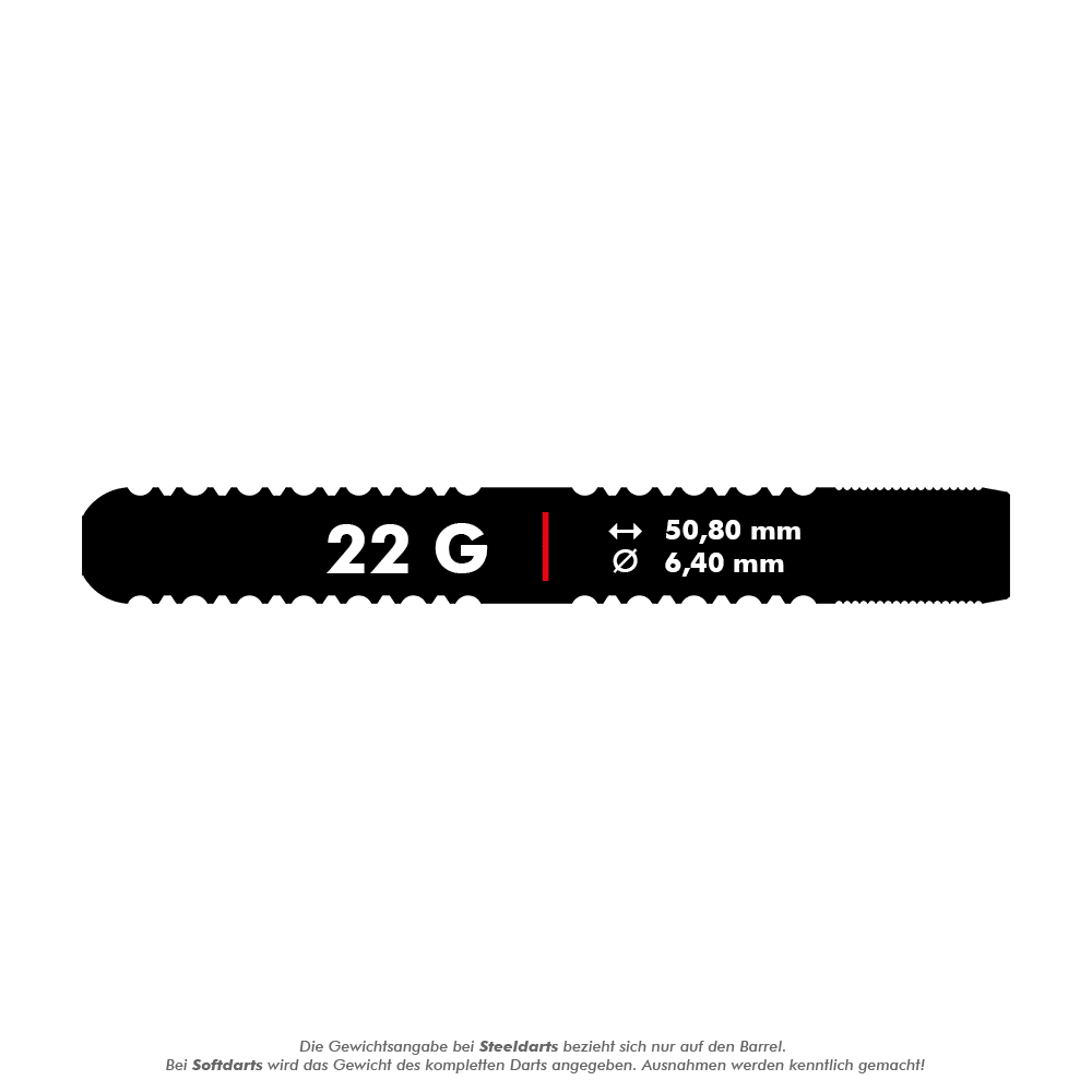 Target Sebastian Bialecki GEN1 Swiss Point Steeldarts - 22g Das Bild zeigt die Maße eines Steeldart-Barrels mit einem Gewicht von 22 Gramm. Die Länge beträgt 50,80 mm und der Durchmesser 6,40 mm.